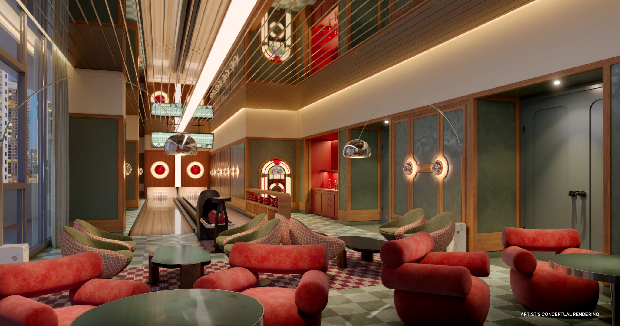 Rendering of the bowling alley and club lounge