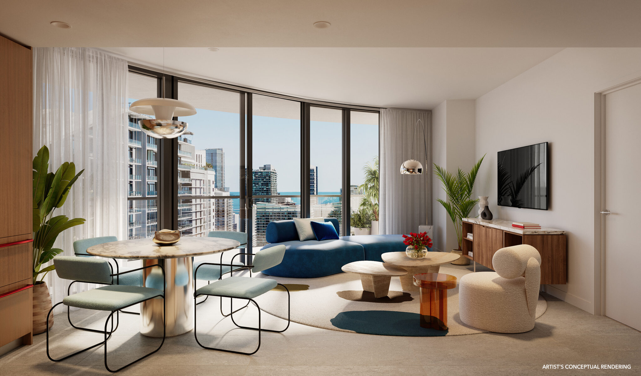 Rendering of a residence living room with floor-to-ceiling windows at The Standard Residences, Brickell Miami