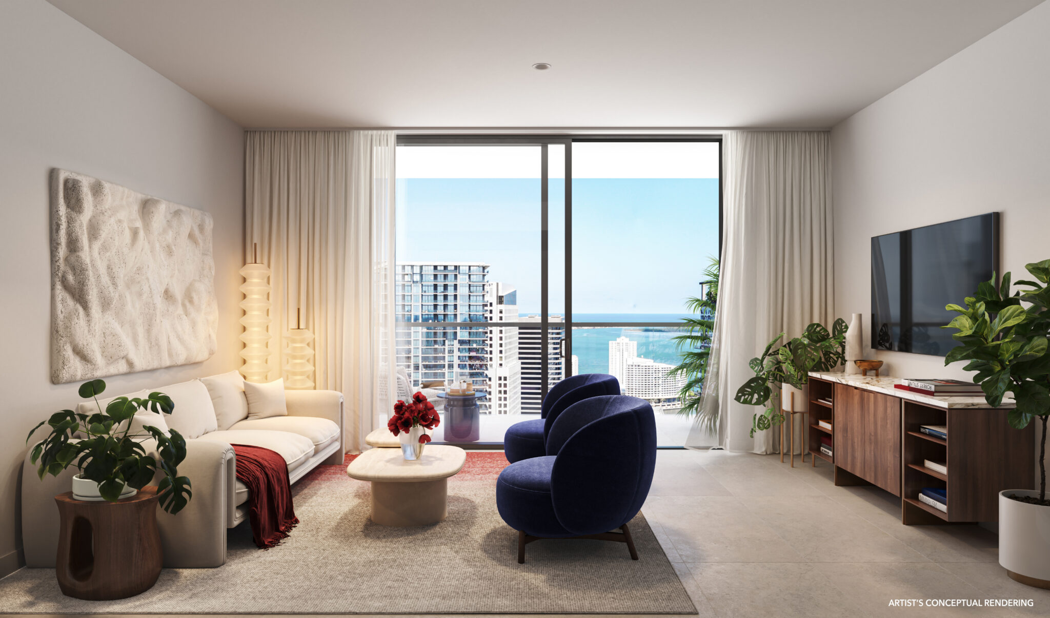 Rendering of a living room with Brickell skyline views at The Standard Residences