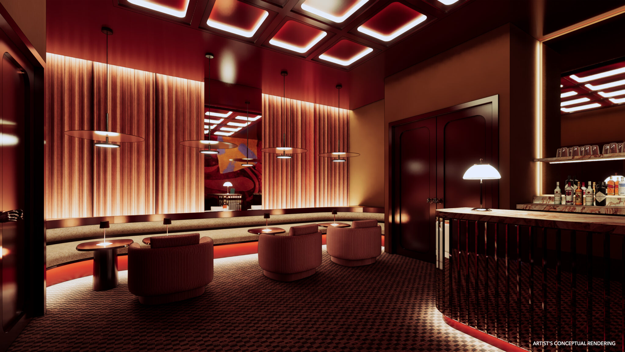 Rendering of a moody club lounge at The Standard Residences