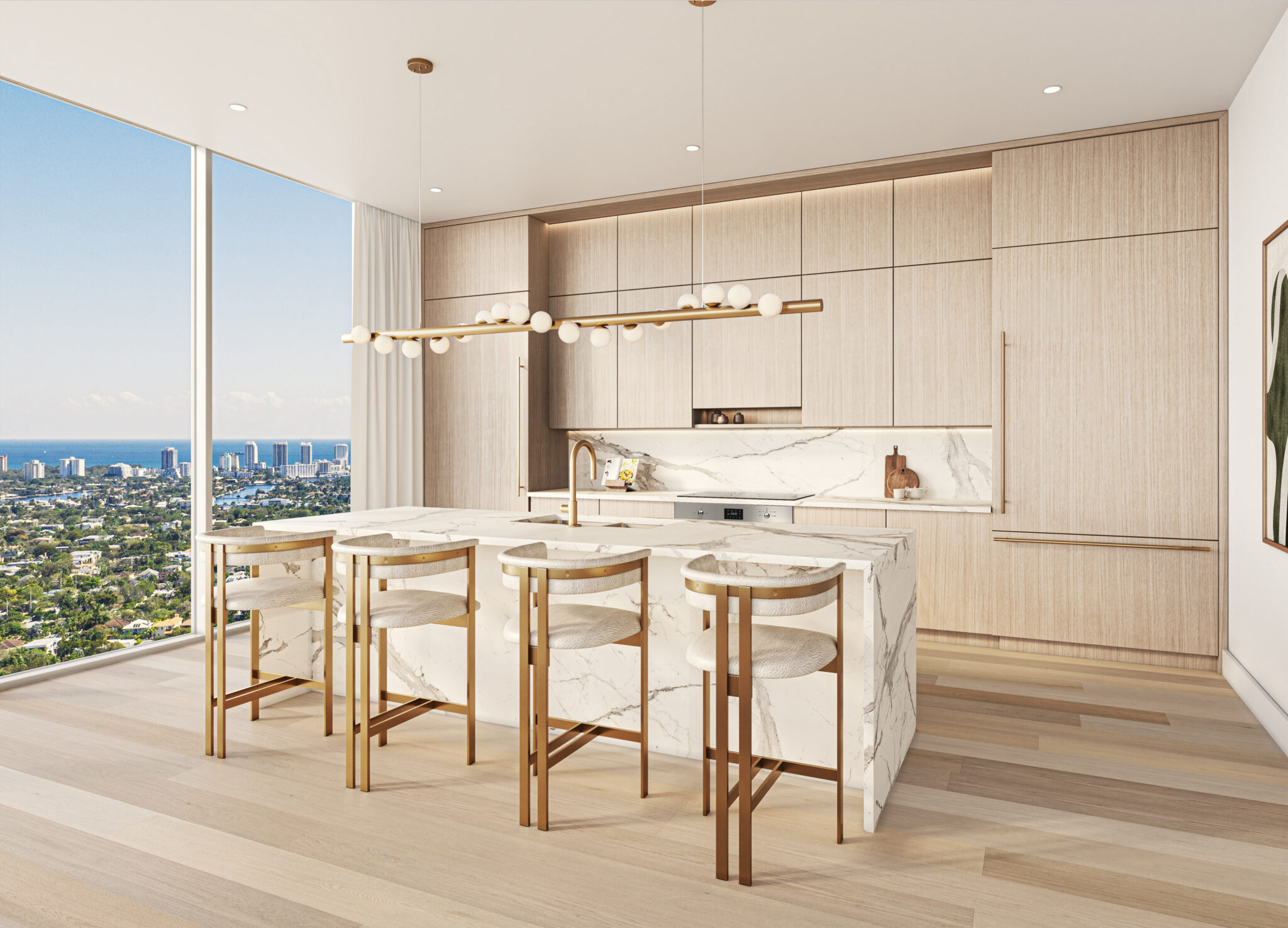 Rendering of a kitchen with European oak cabinetry and Calacatta porcelain at Ombelle