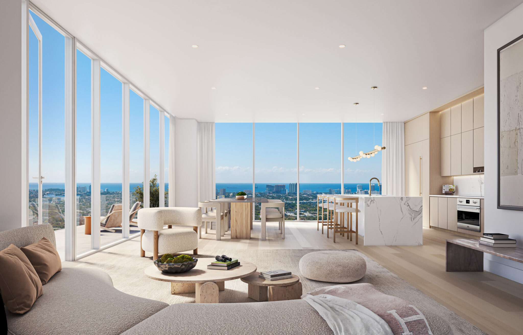 Rendering of a living room with ocean views