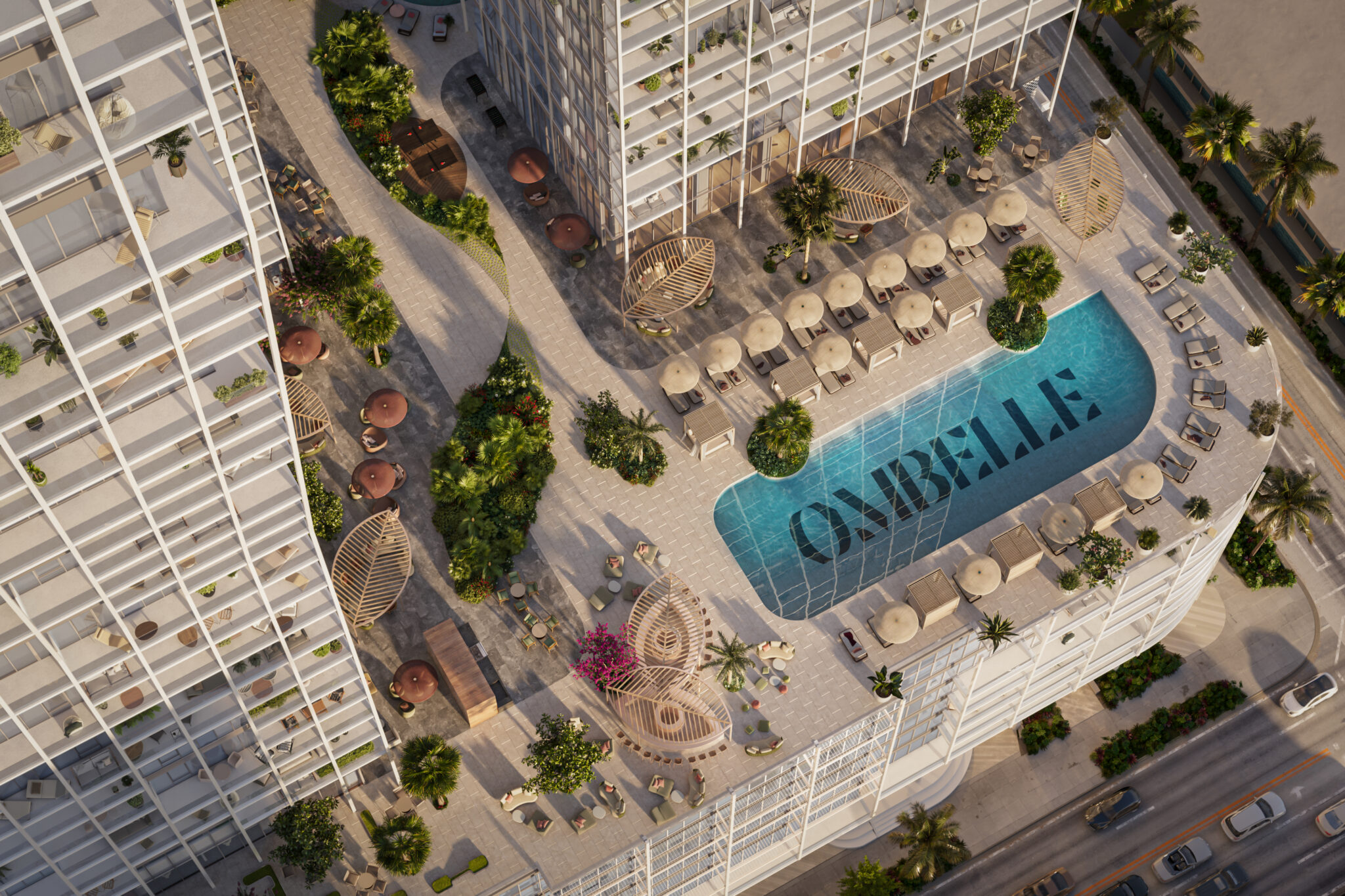 Aerial rendering of the Sky Deck pools at Ombelle
