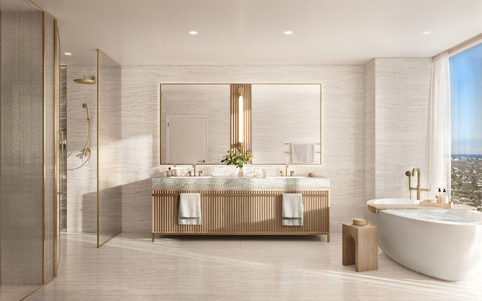 Rendering of a primary bathroom with Italian porcelain and a soaking tub