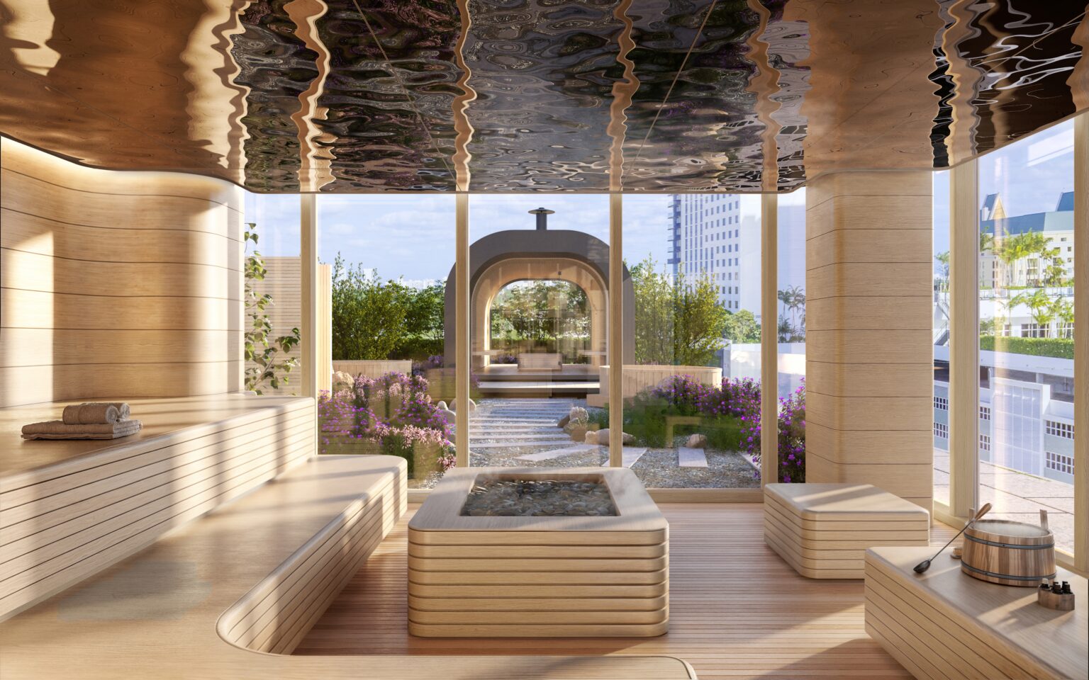Rendering of a sauna with garden views