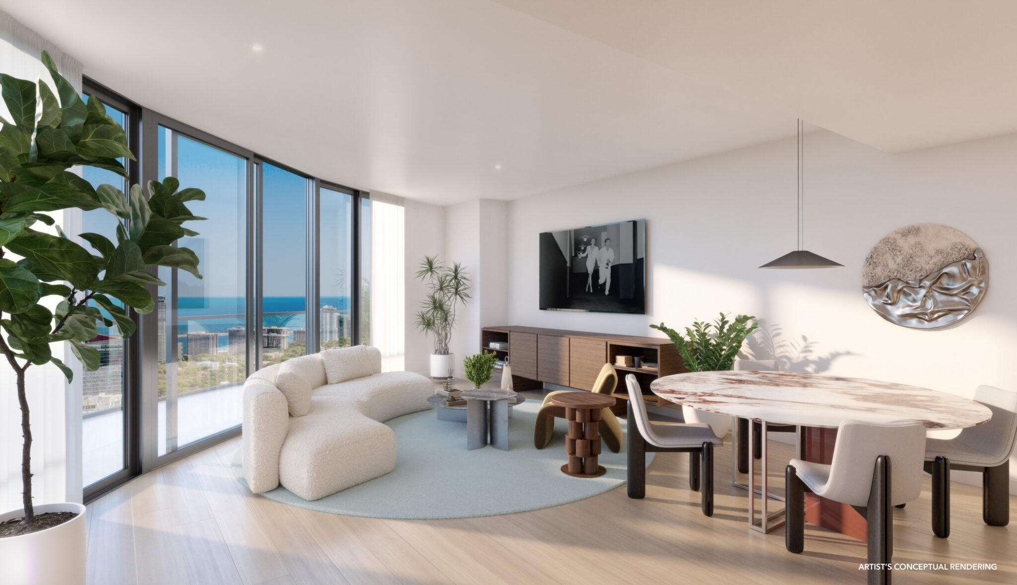 Rendering of a penthouse living and dining room with floor-to-ceiling windows at The Standard Residences