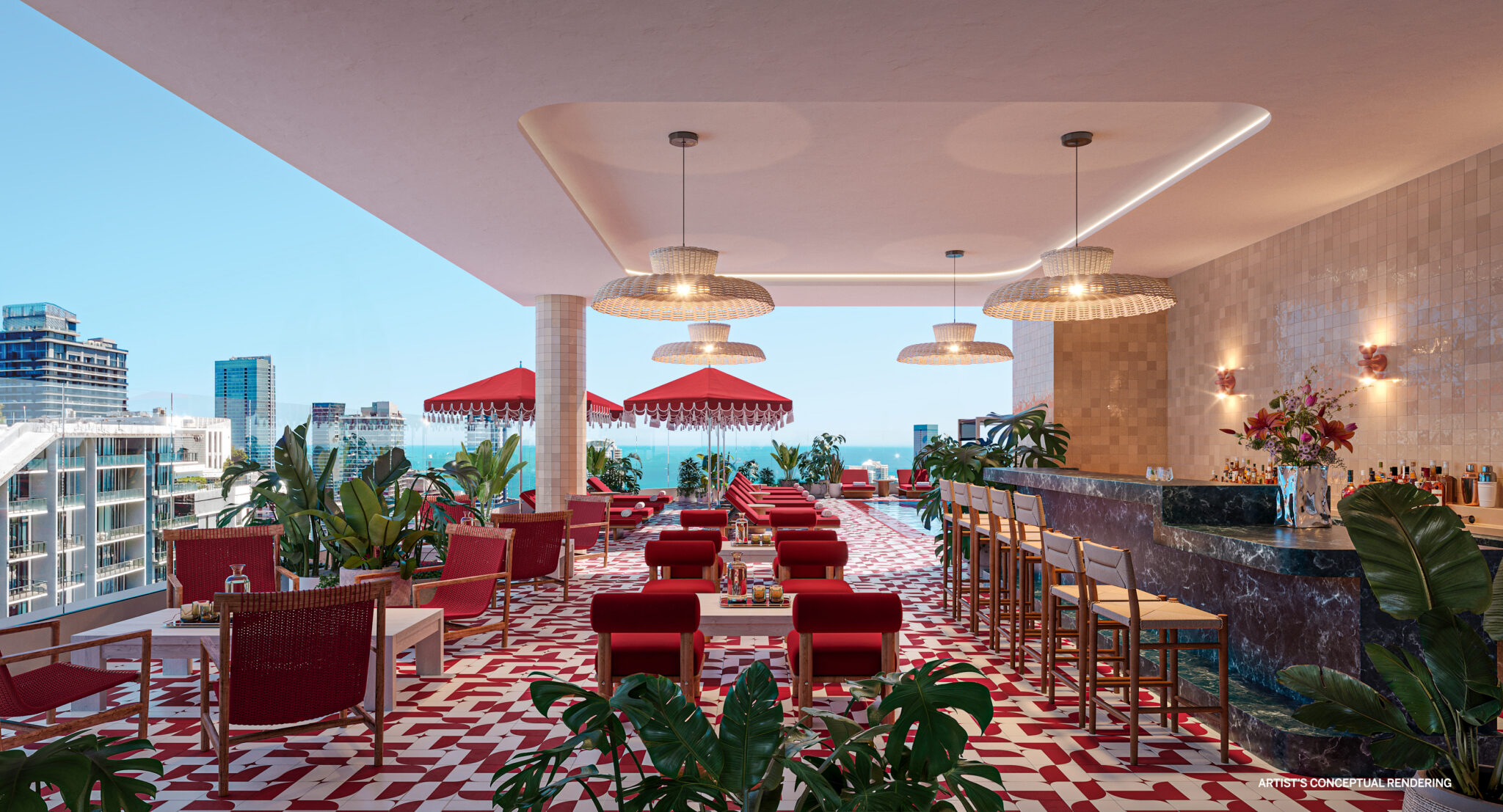 Rendering of the rooftop pool lounge with bar at The Standard Residences