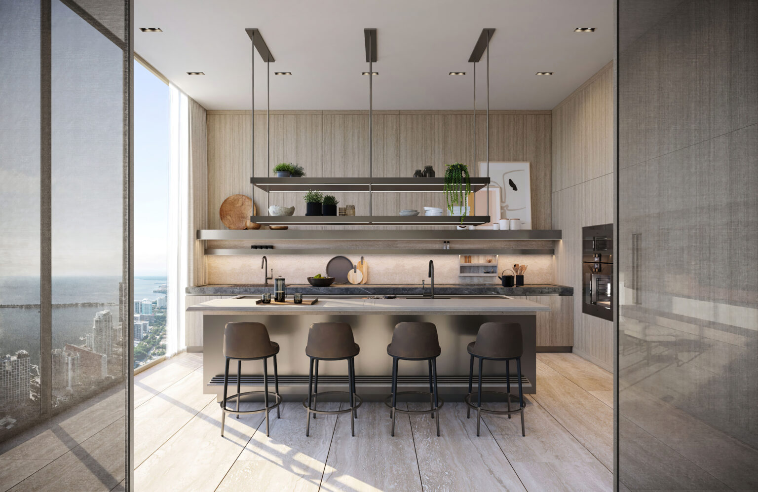 Rendering of an Arclinea kitchen with a stone island at 1428 Brickell