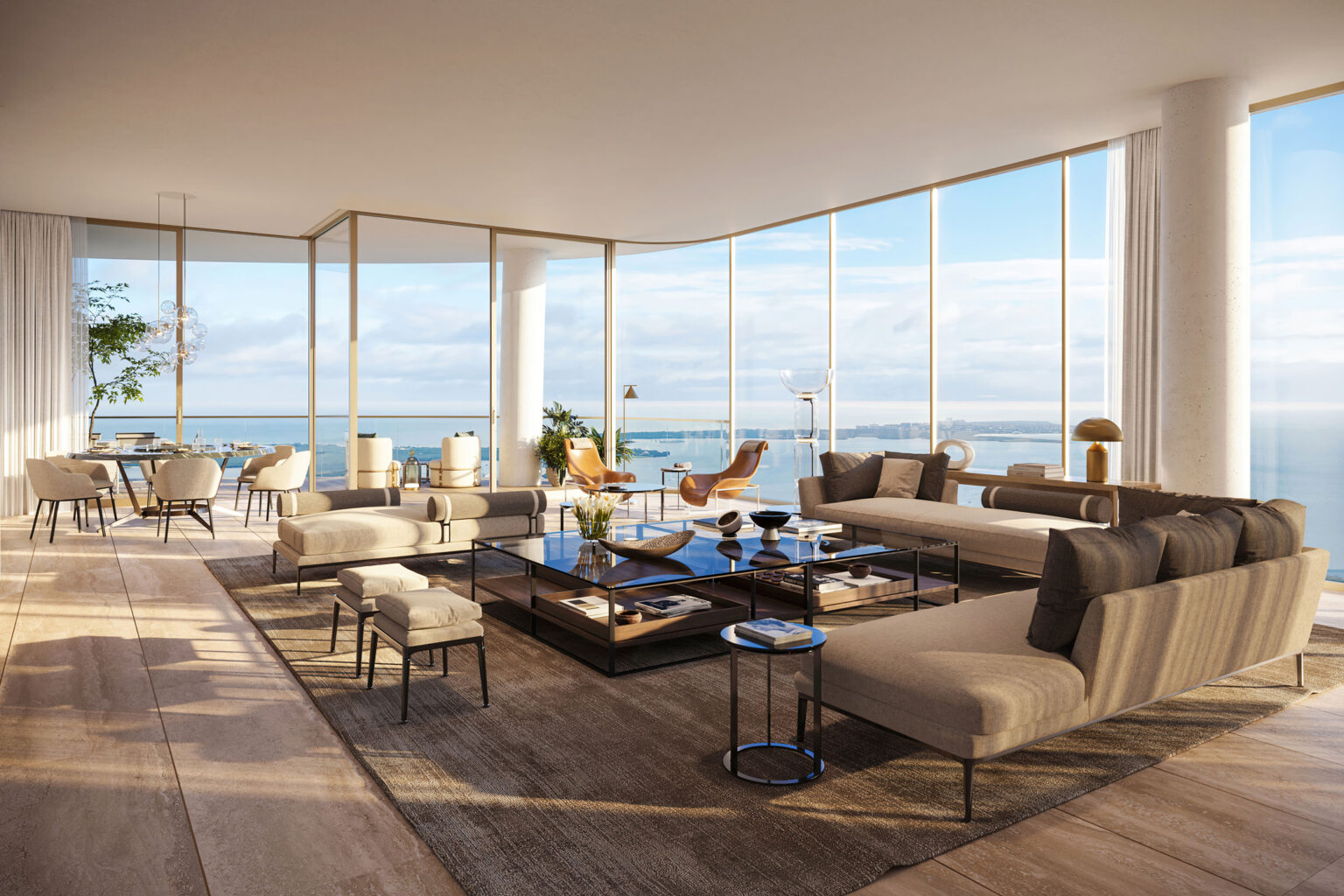 Rendering of a residence living room with floor-to-ceiling glass and Biscayne Bay views at 1428 Brickell