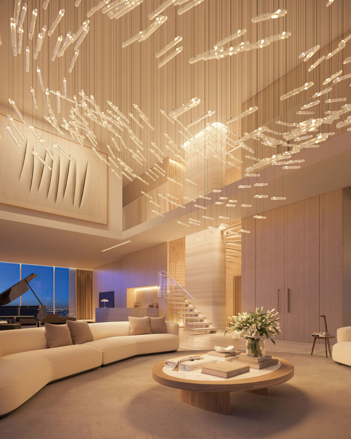 Rendering of a double-height penthouse great room with a sculptural light installation