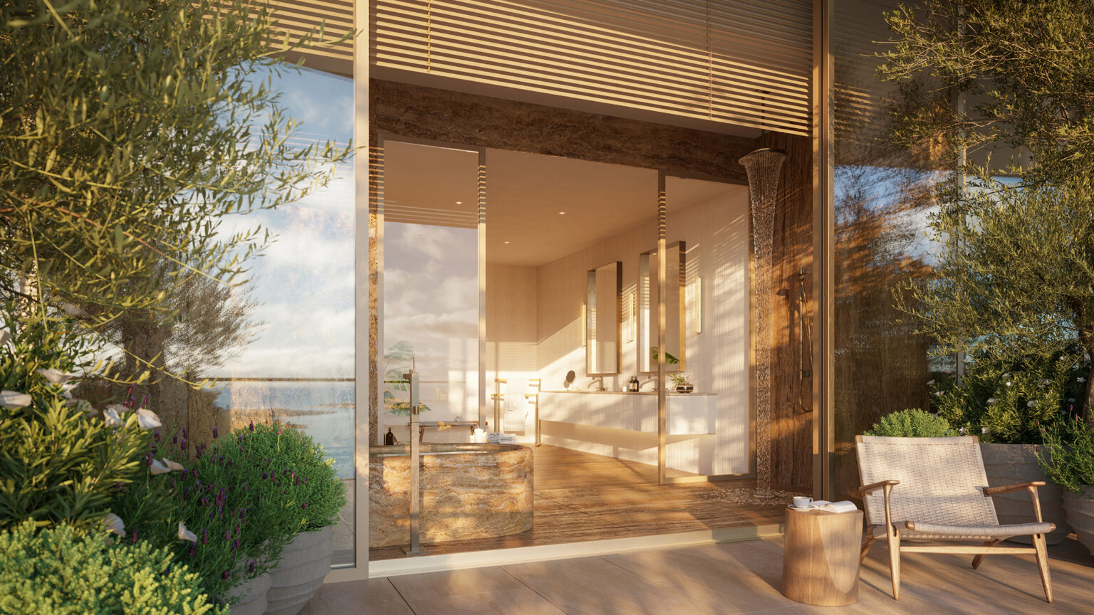 Rendering of a penthouse primary bathroom opening to a landscaped terrace