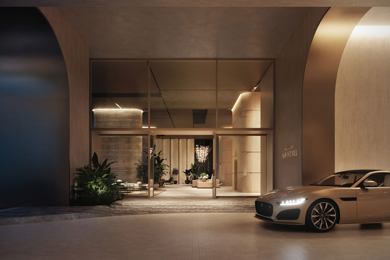 Rendering of the private porte-cochère arrival with valet at 1428 Brickell
