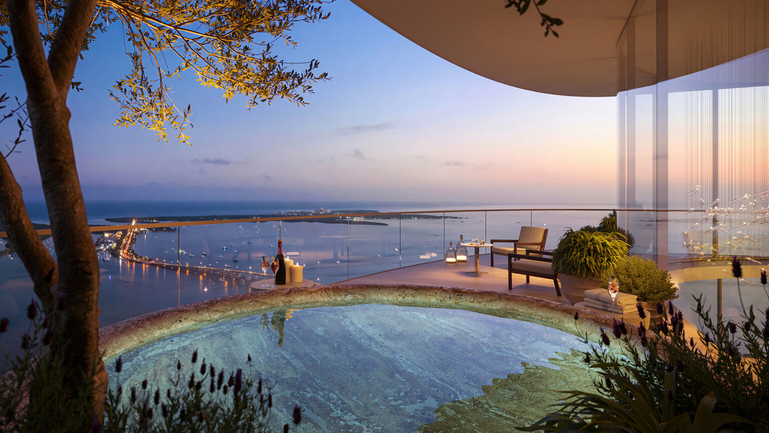 Rendering of a penthouse terrace with a private pool overlooking Biscayne Bay at sunset