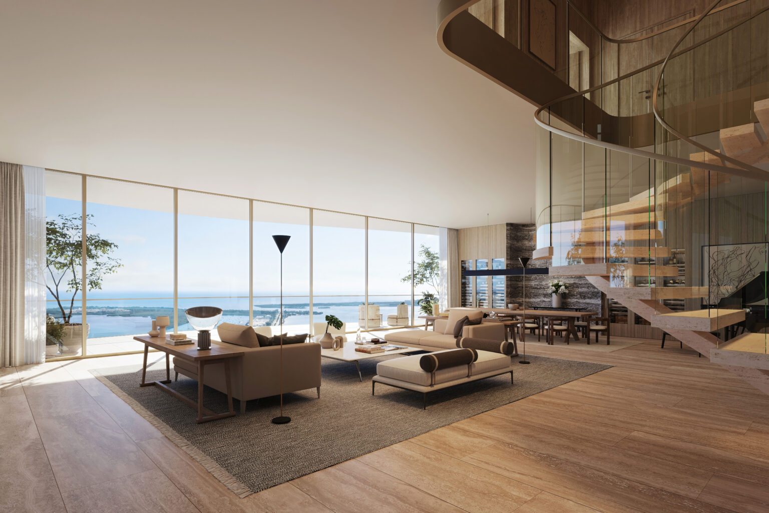 Rendering of a two-story residence with a sculptural staircase and floor-to-ceiling views of Biscayne Bay at 1428 Brickell