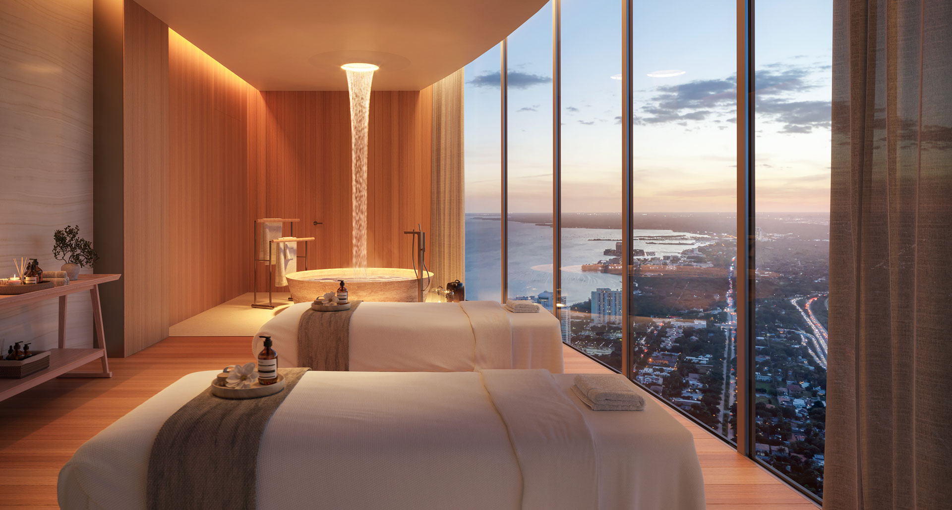 Rendering of a couples spa suite with city and bay views at 1428 Brickell