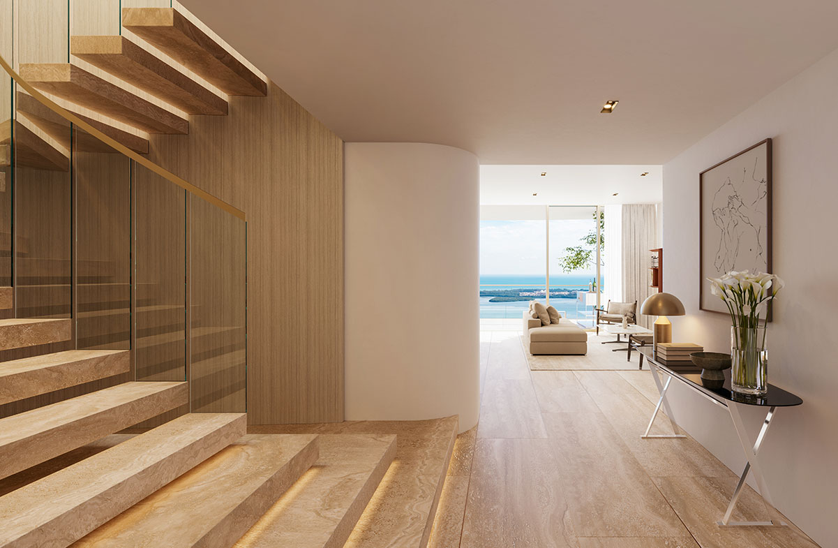 Rendering of a floating wood staircase inside a duplex residence
