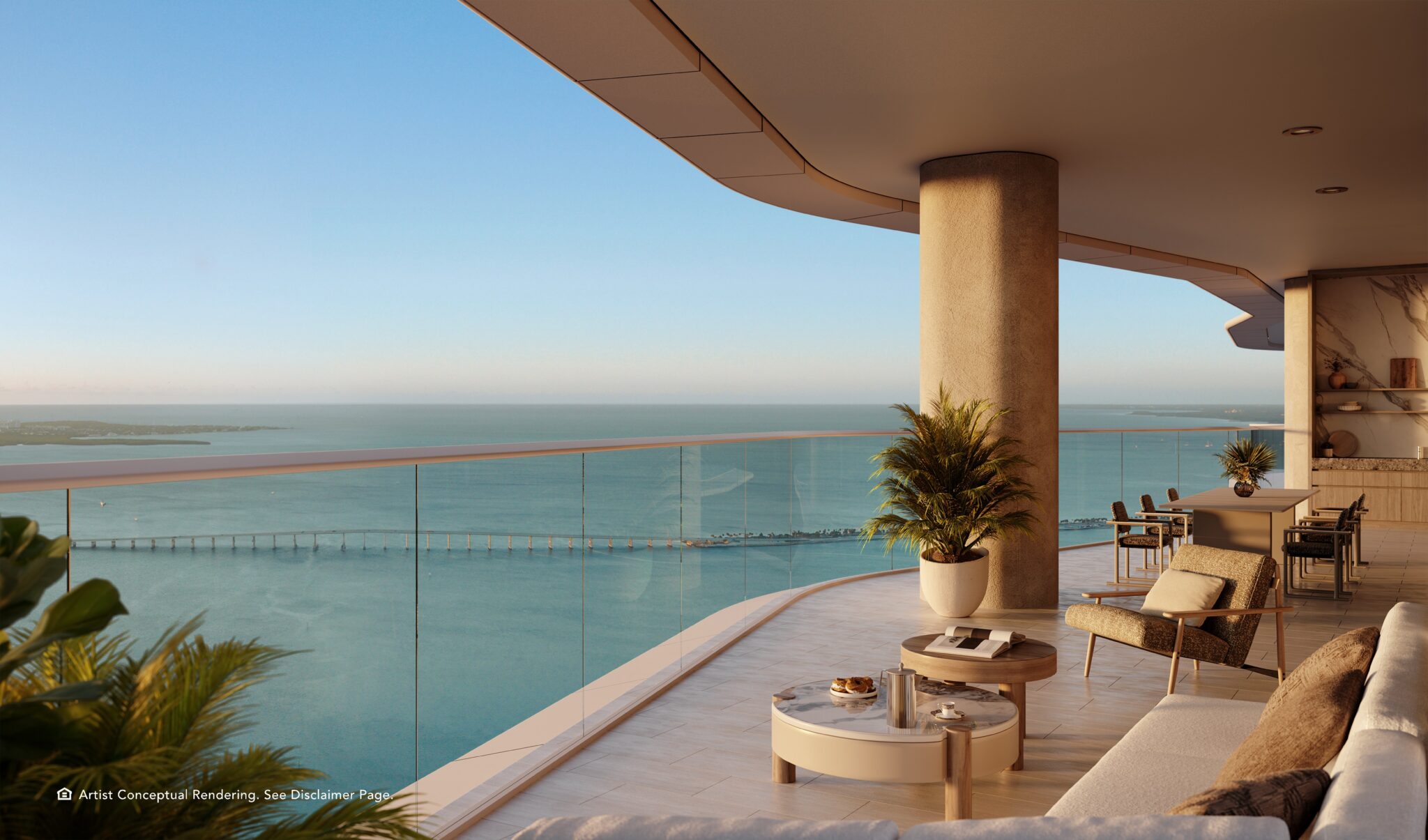 Private terrace overlooking Biscayne Bay in a South Tower residence