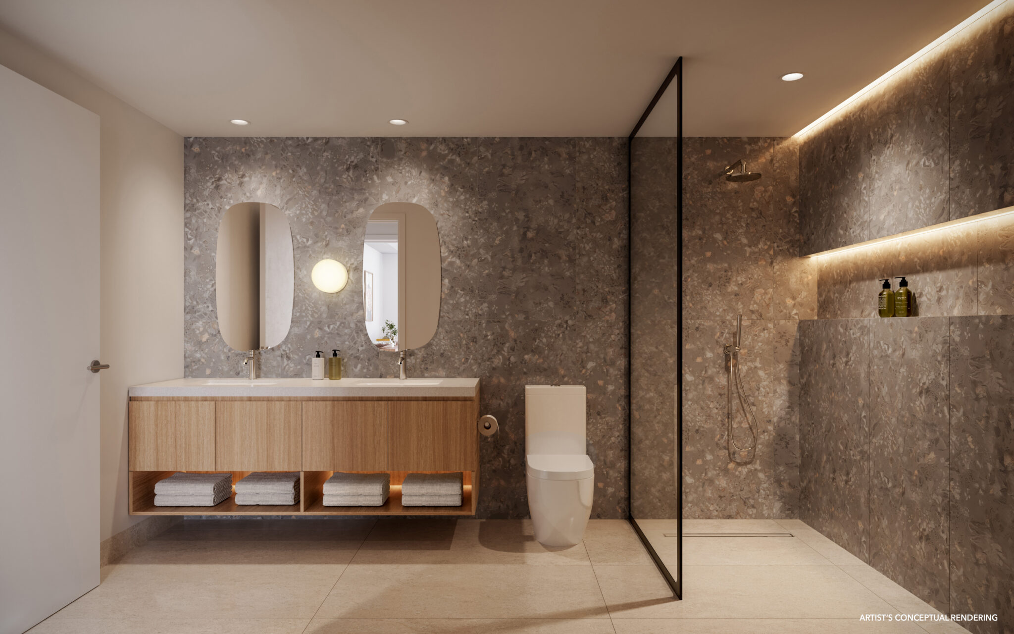 Rendering of a residence bathroom with stone finishes