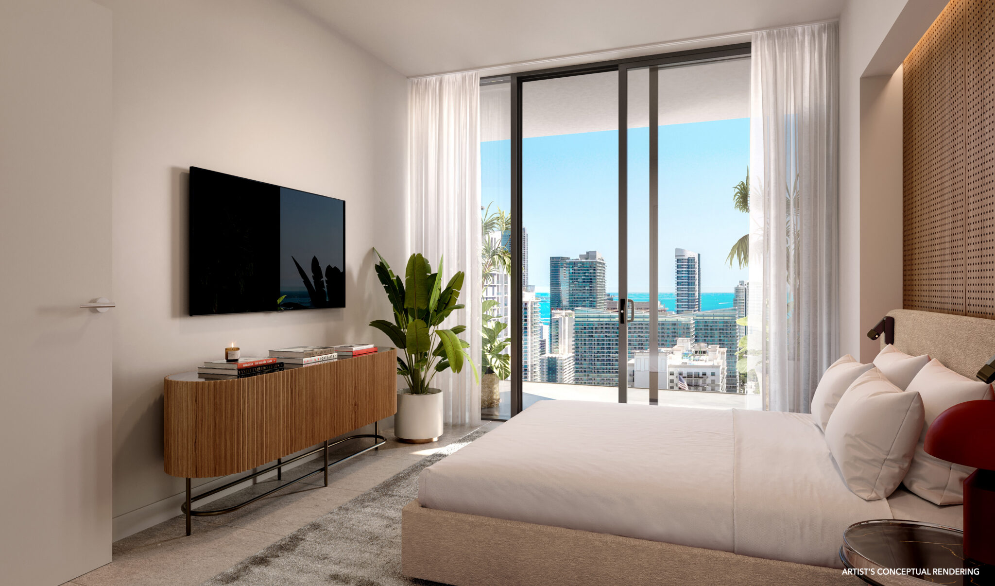 Rendering of a bedroom with city views