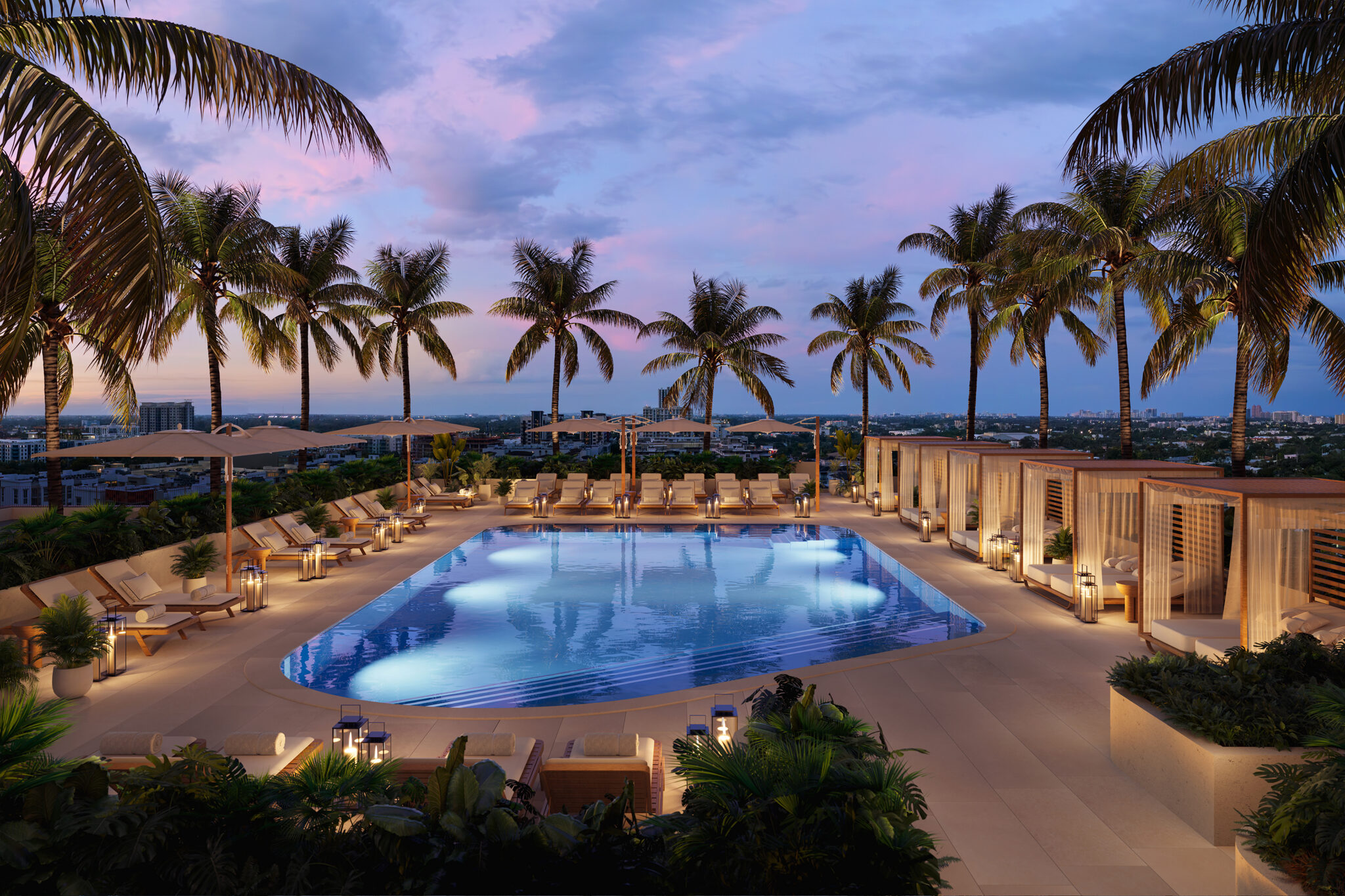 Rendering of the pool and cabanas at Viceroy Residences Fort Lauderdale in the evening