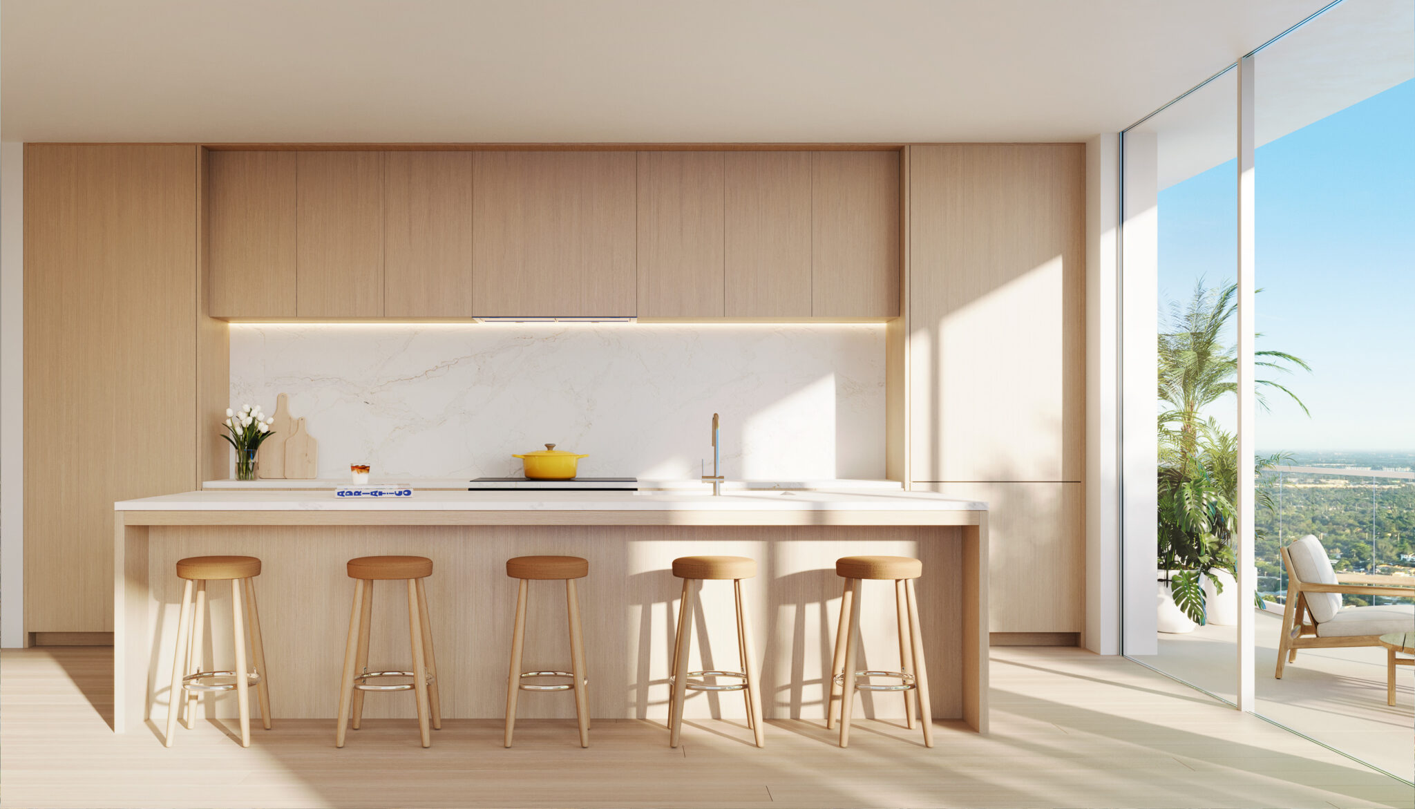 Rendering of a kitchen with light oak cabinetry and quartz island