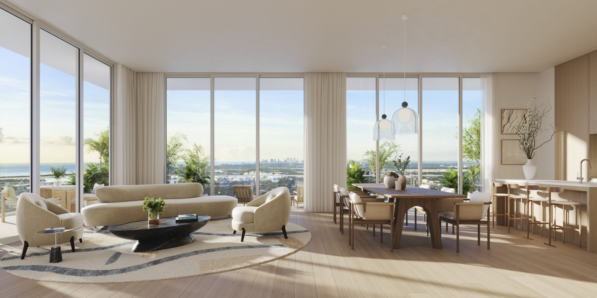 Rendering of a living room with floor-to-ceiling windows at Viceroy Residences Fort Lauderdale