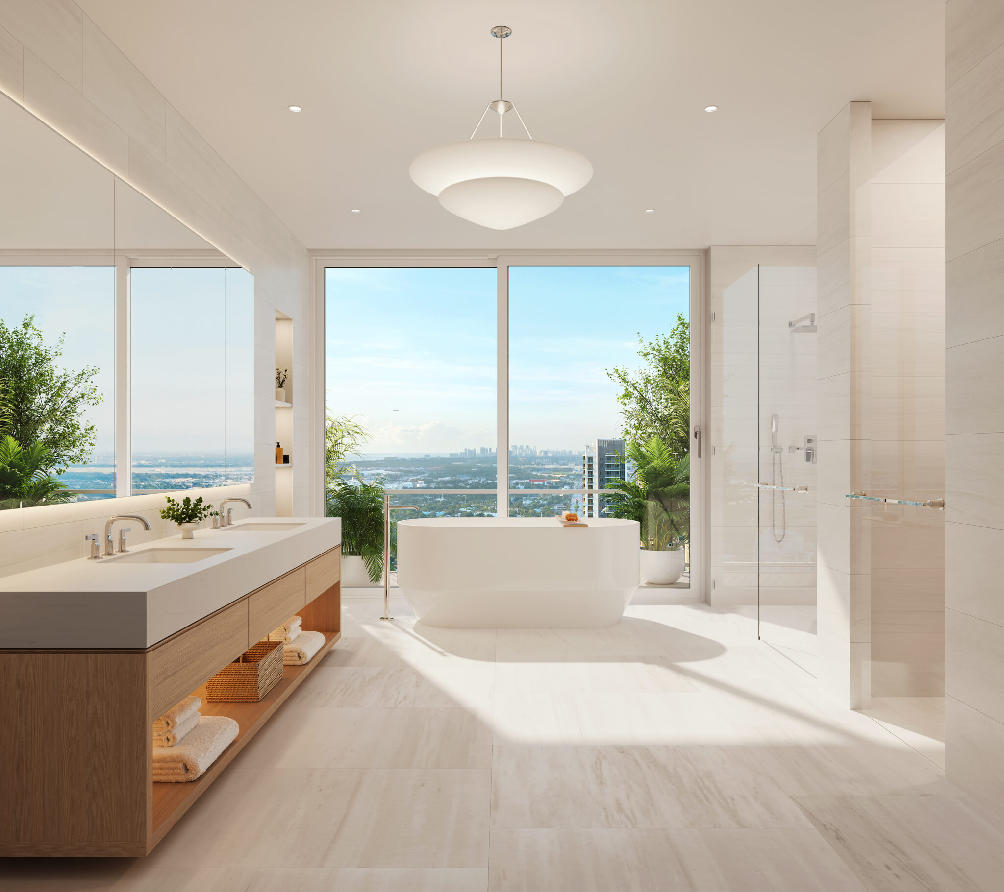 Rendering of a primary bathroom with freestanding tub and city views