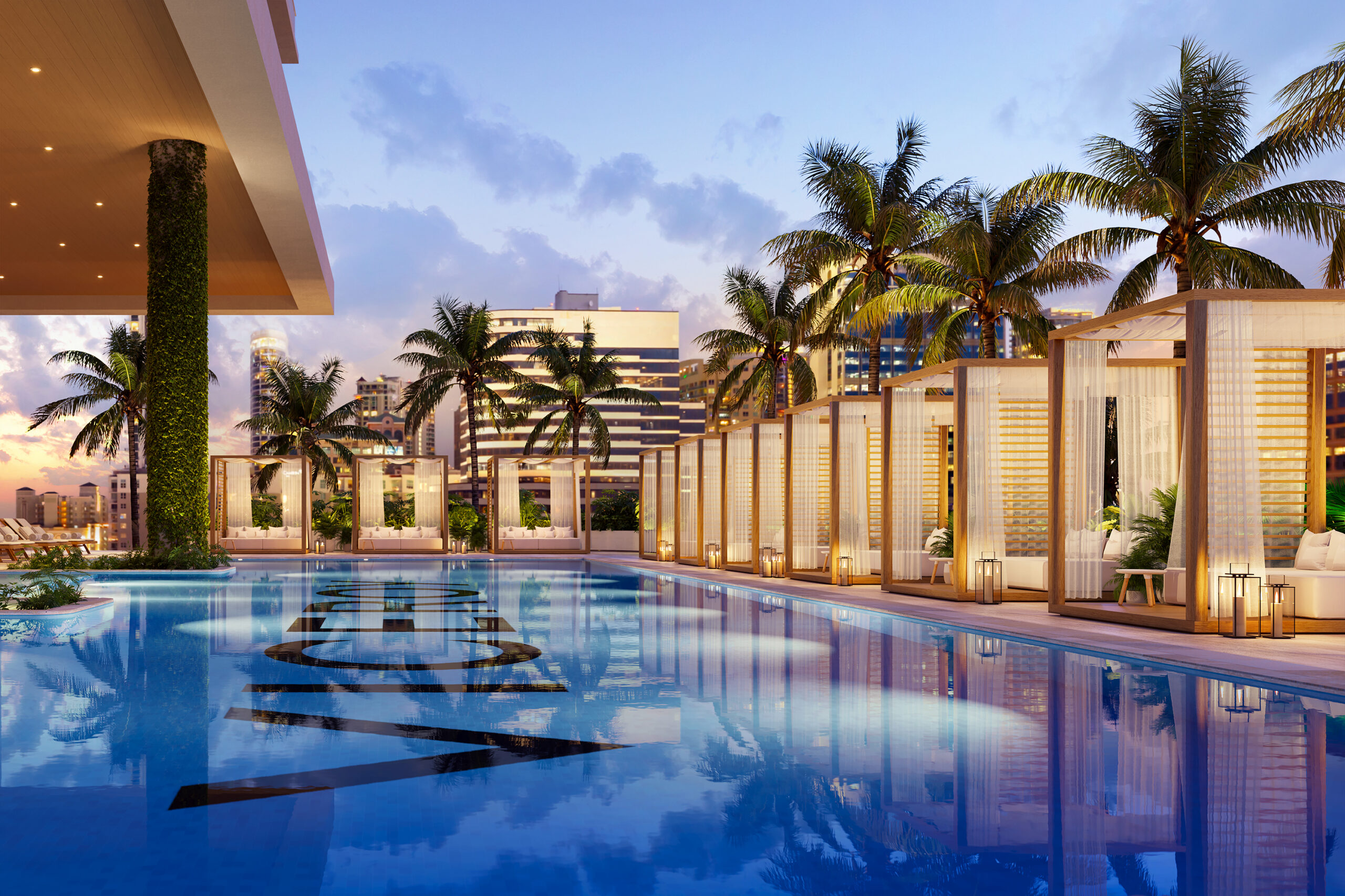 Rendering of the resort-style pool with cabanas and palms at Viceroy Residences Fort Lauderdale