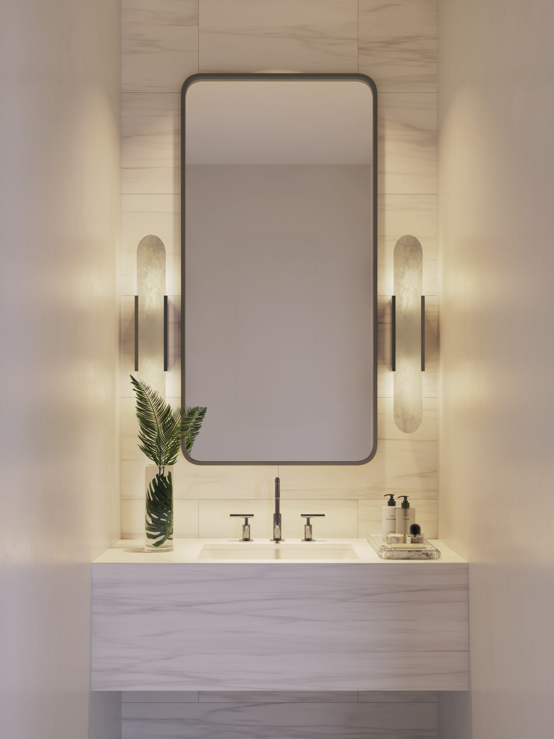 Rendering of a powder room with oak vanity