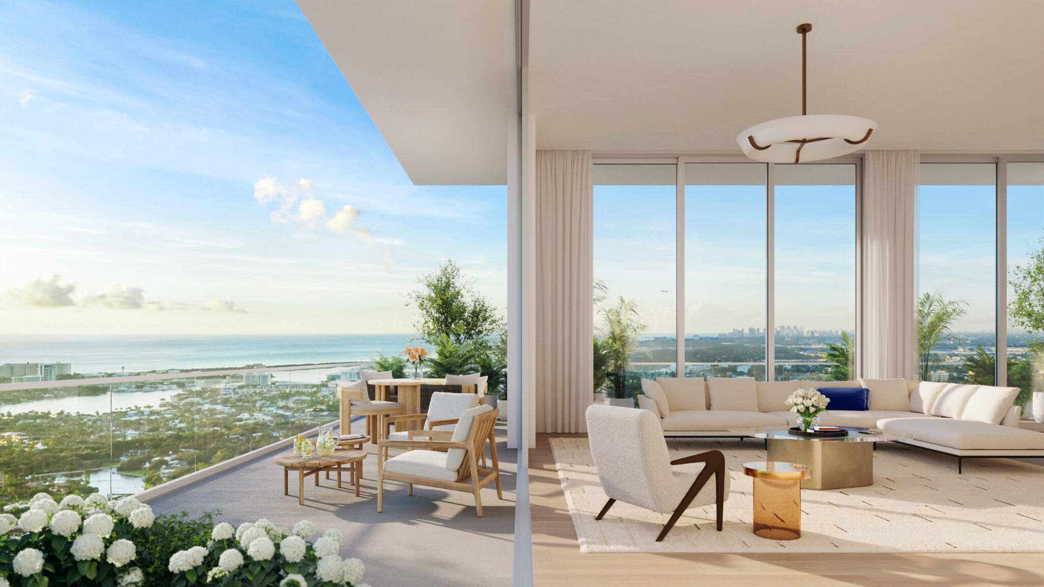 Rendering of a terrace and living room with city and ocean views at Viceroy Residences Fort Lauderdale