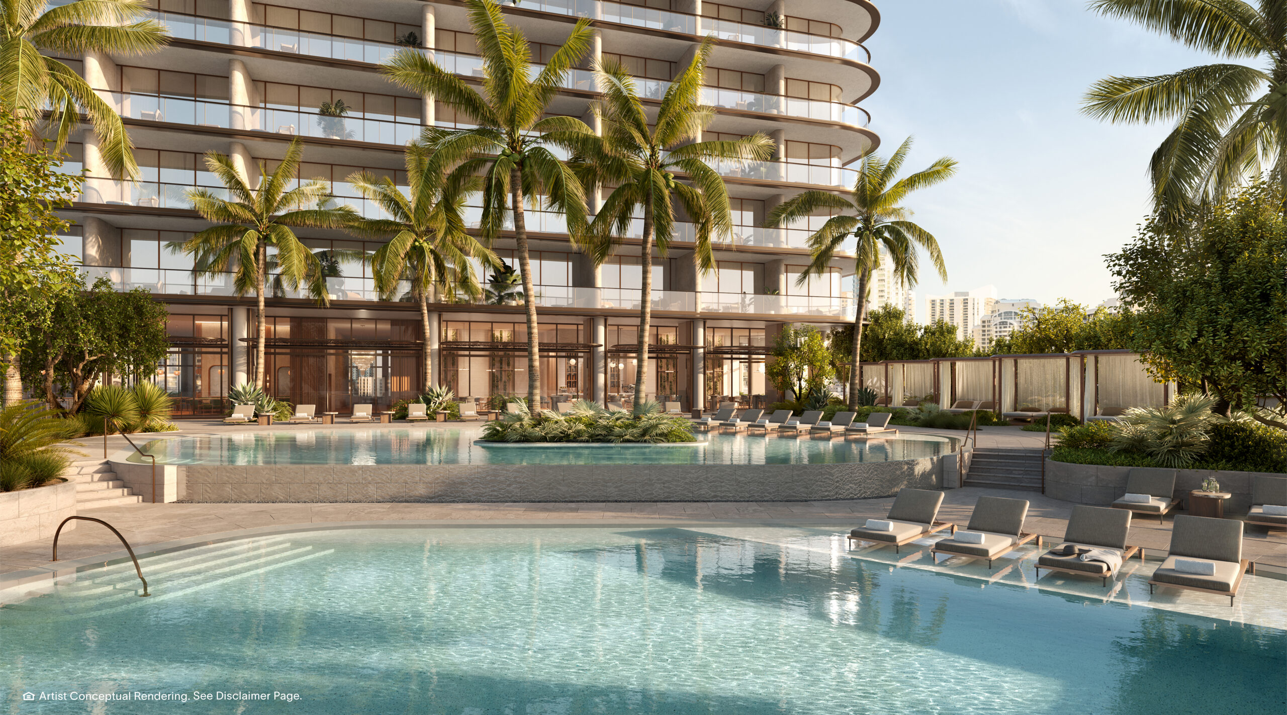 Resort pool on the landscaped podium at The Residences at Mandarin Oriental, Miami