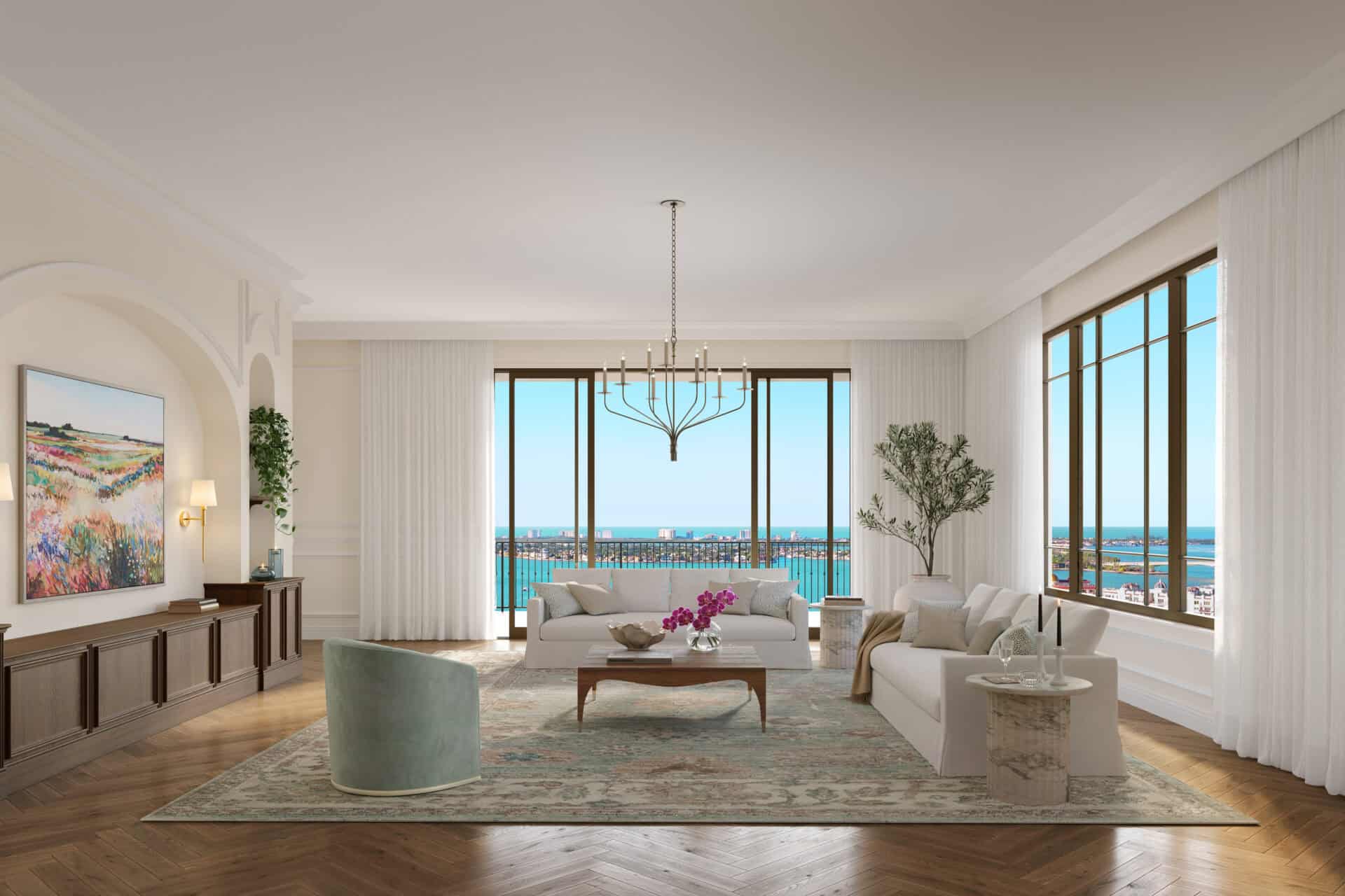 Rendering of a penthouse great room with bay views at Mira Mar Sarasota