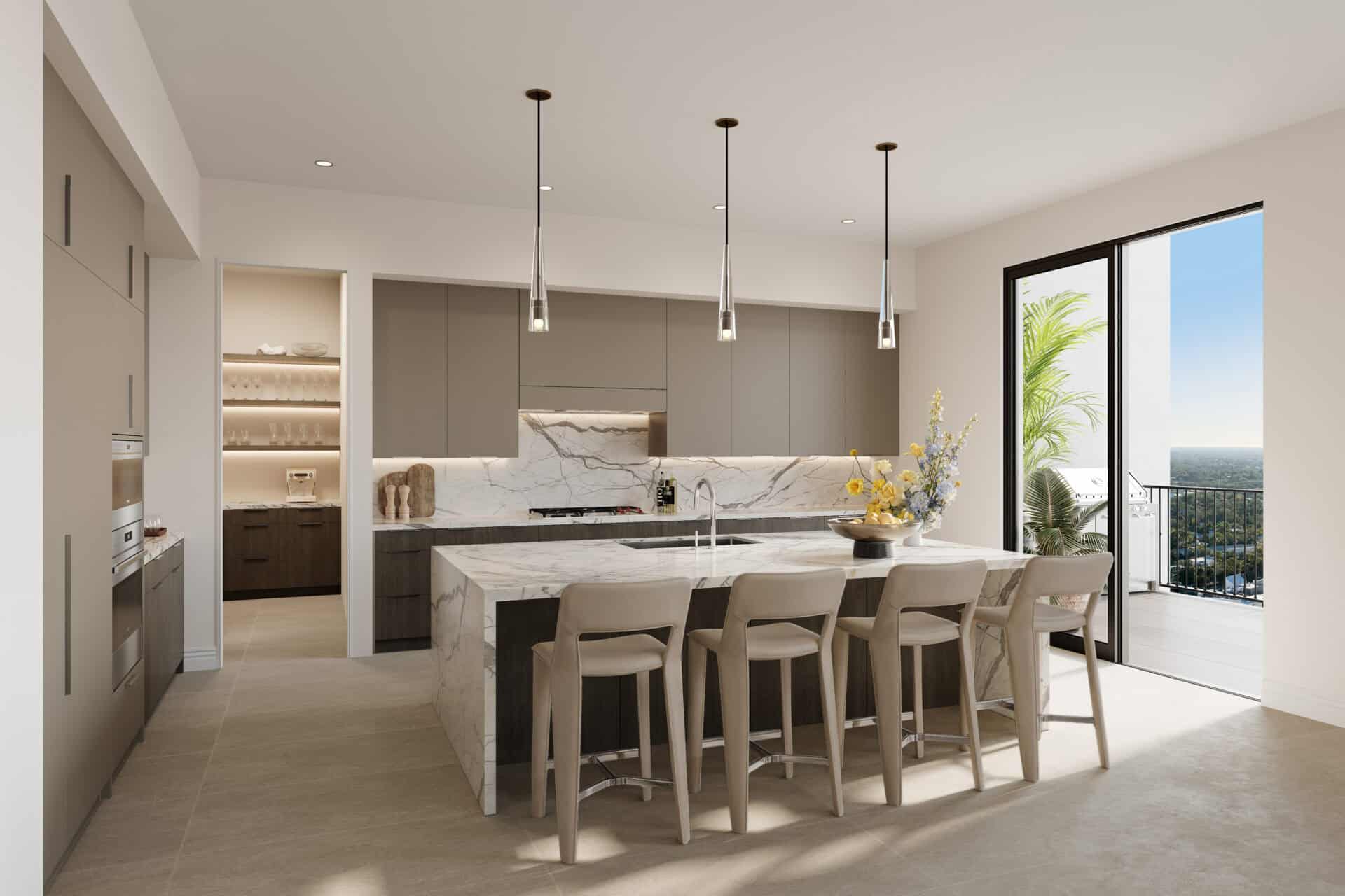 Rendering of a chef’s kitchen with marble counters