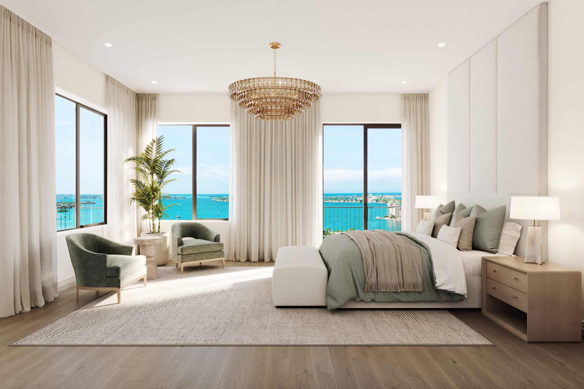 Rendering of an owner’s bedroom with bay views