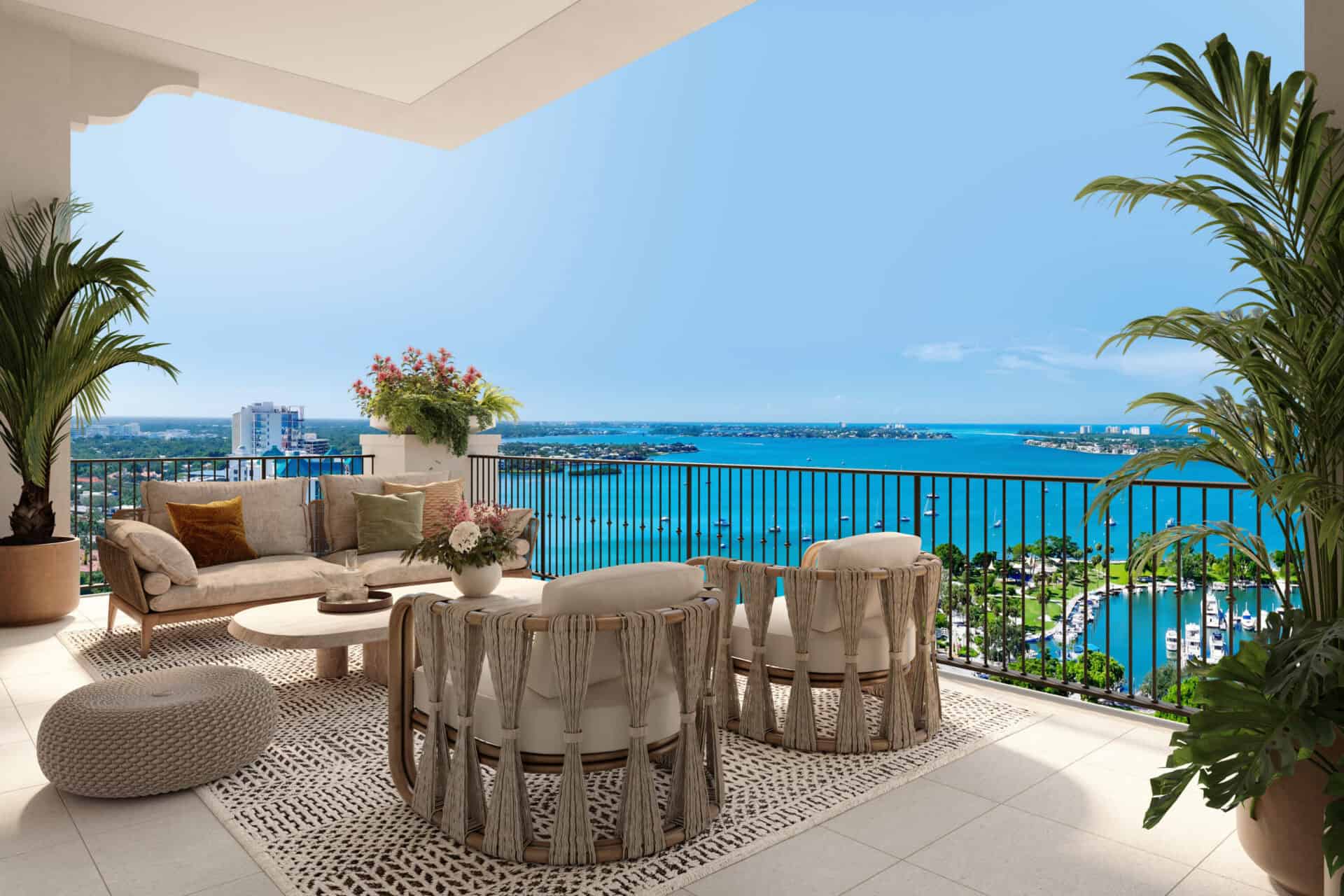 Rendering of a private terrace overlooking Sarasota Bay at Mira Mar Sarasota