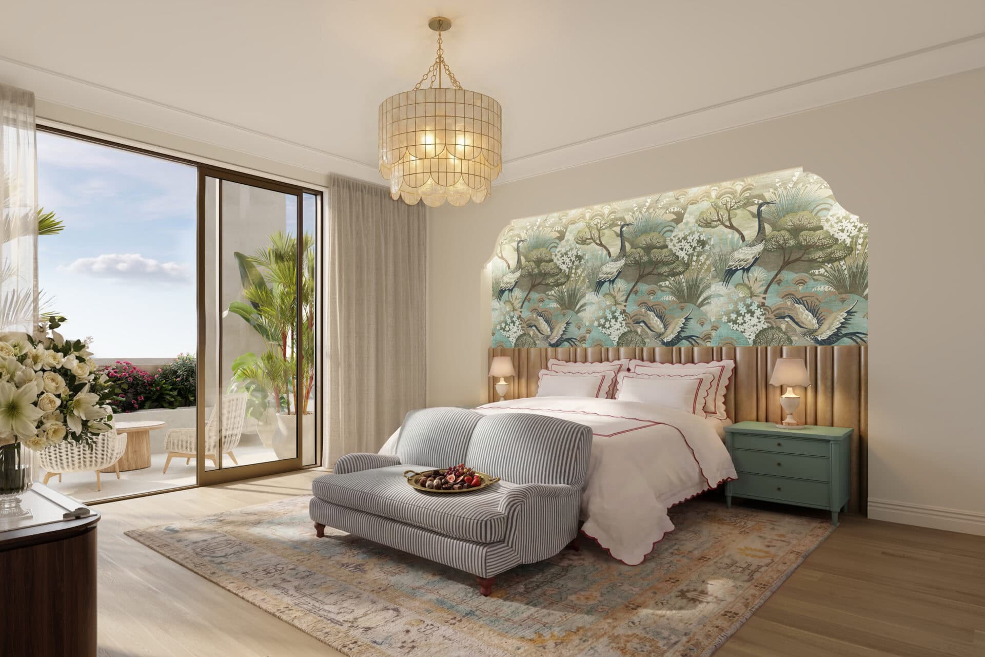 Rendering of a guest suite with a floral headboard