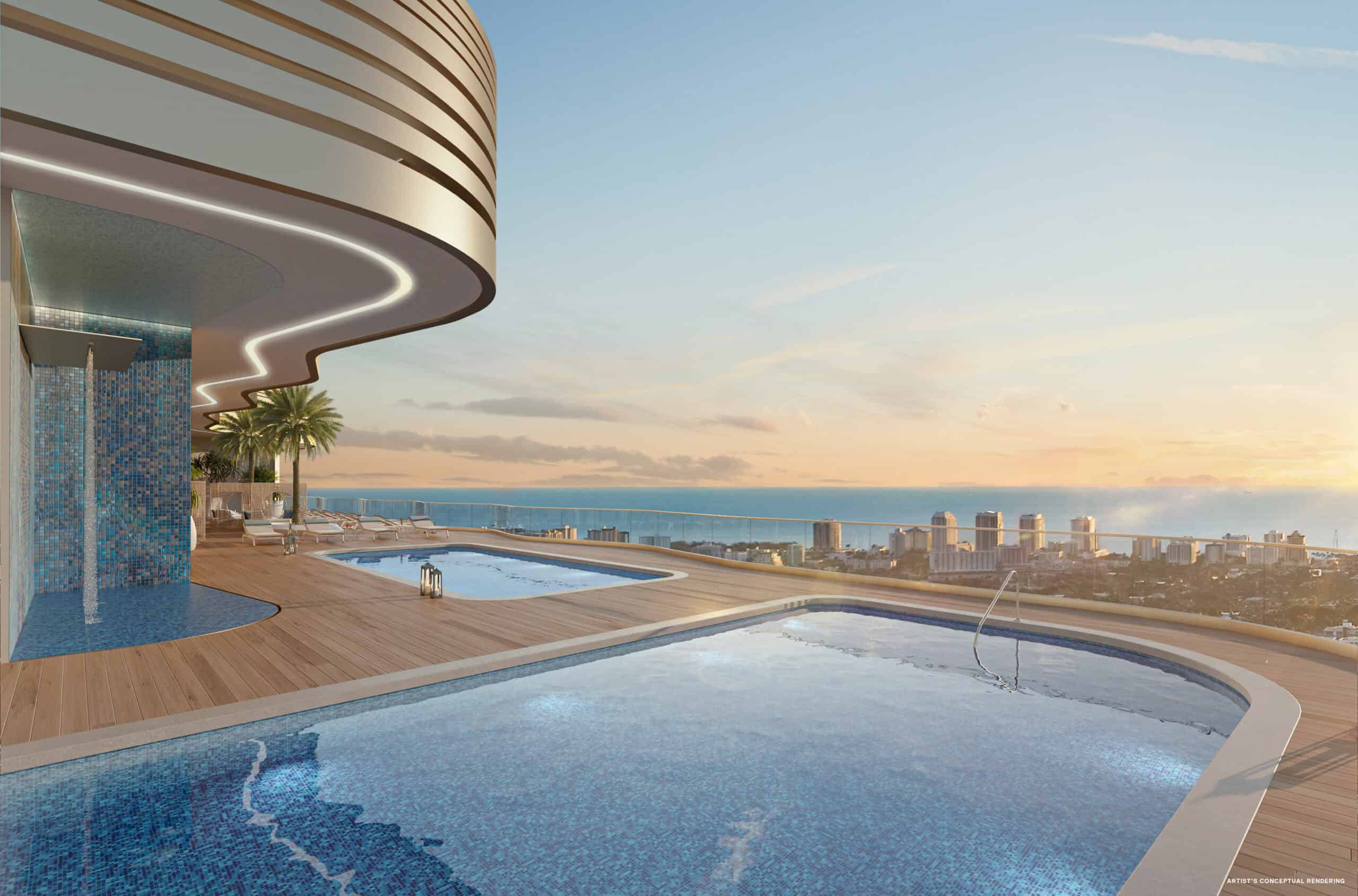 Rooftop pool deck at sunrise at Andare Residences Fort Lauderdale