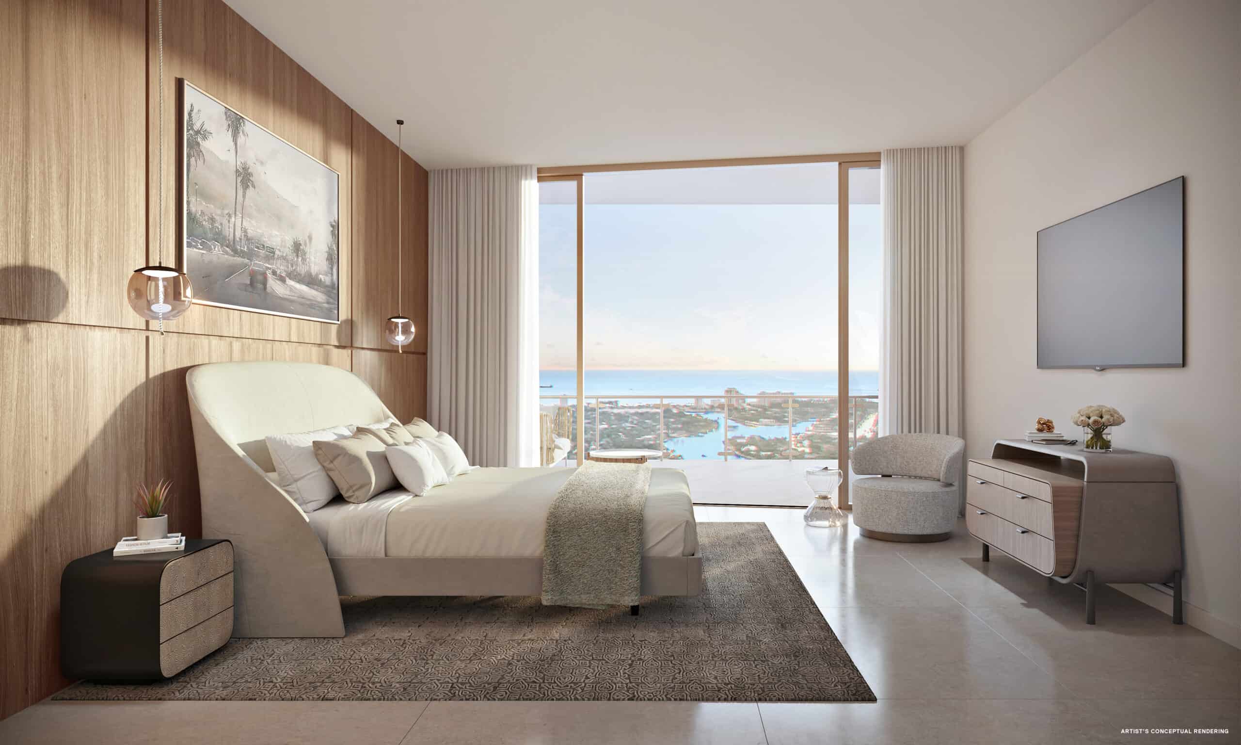 Primary bedroom with ocean view at Andare Residences by Pininfarina