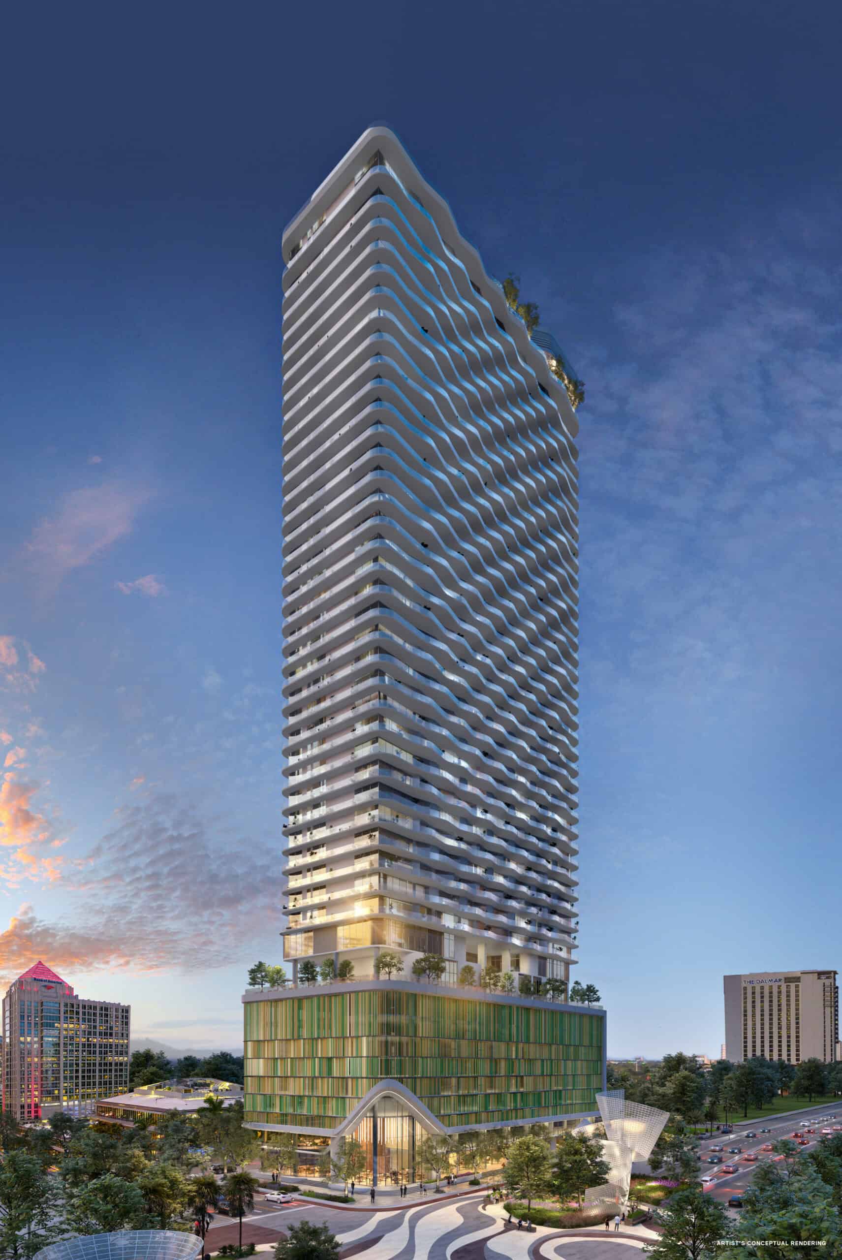 Andare Residences by Pininfarina illuminated at night above Las Olas Boulevard