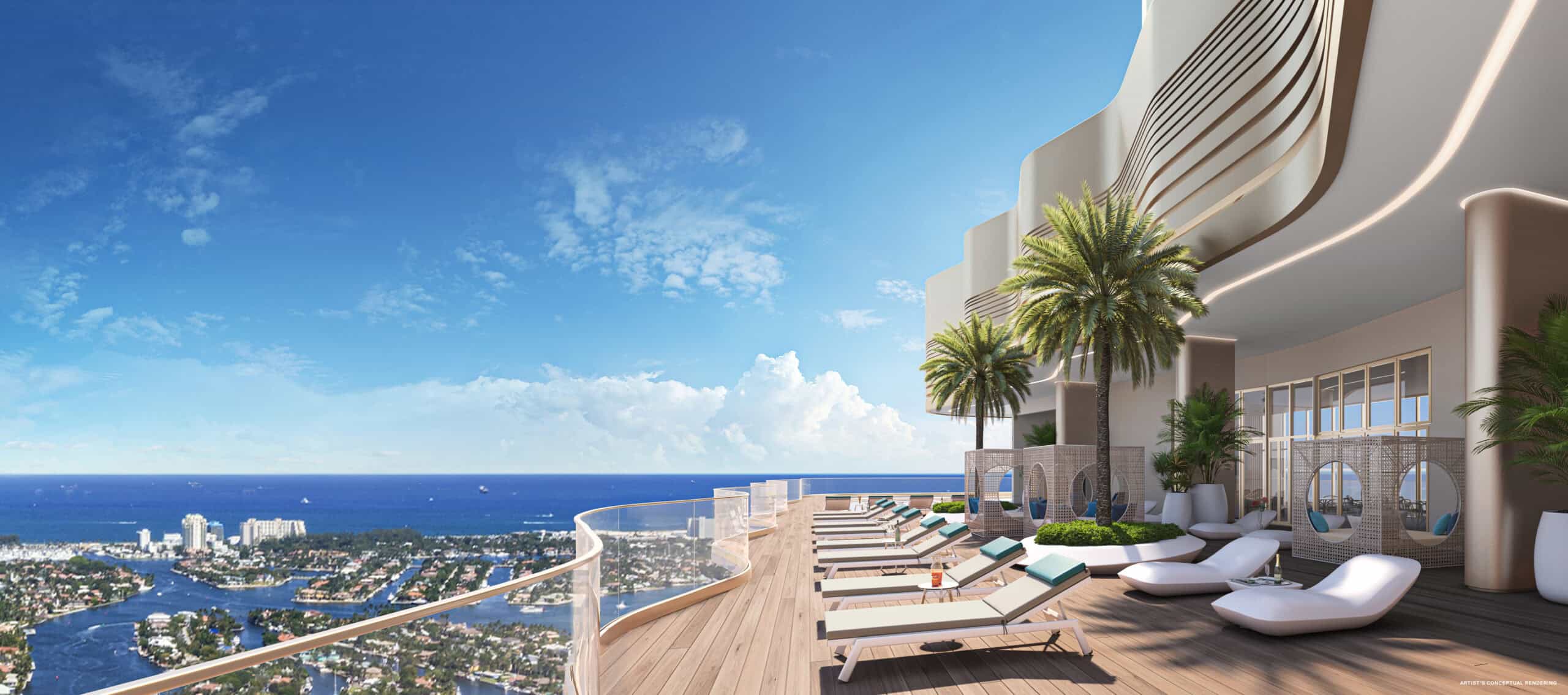 Andare Residences by Pininfarina rooftop pool deck rendering overlooking downtown Fort Lauderdale and the Atlantic Ocean