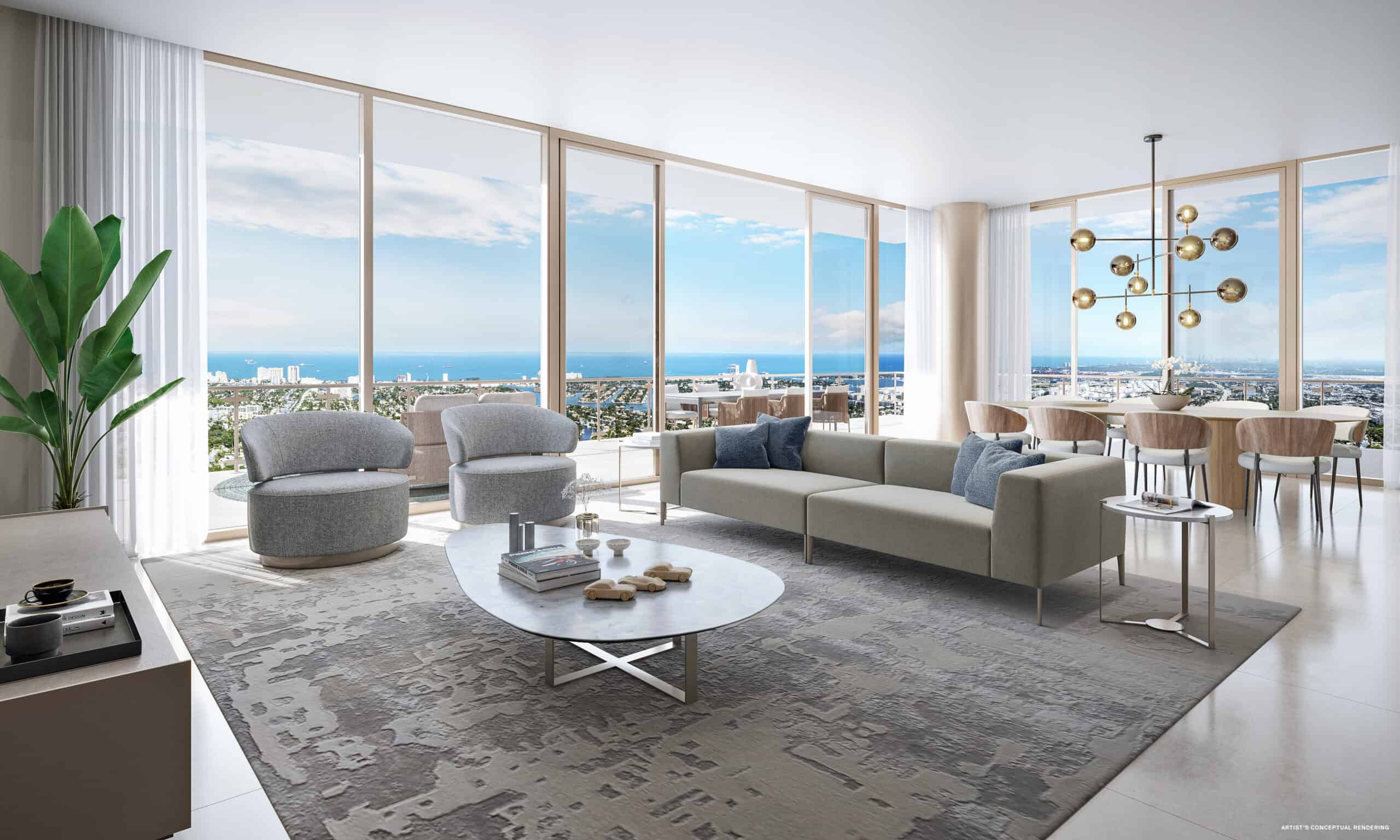 Andare Residences living room with floor-to-ceiling glass and ocean views in Fort Lauderdale