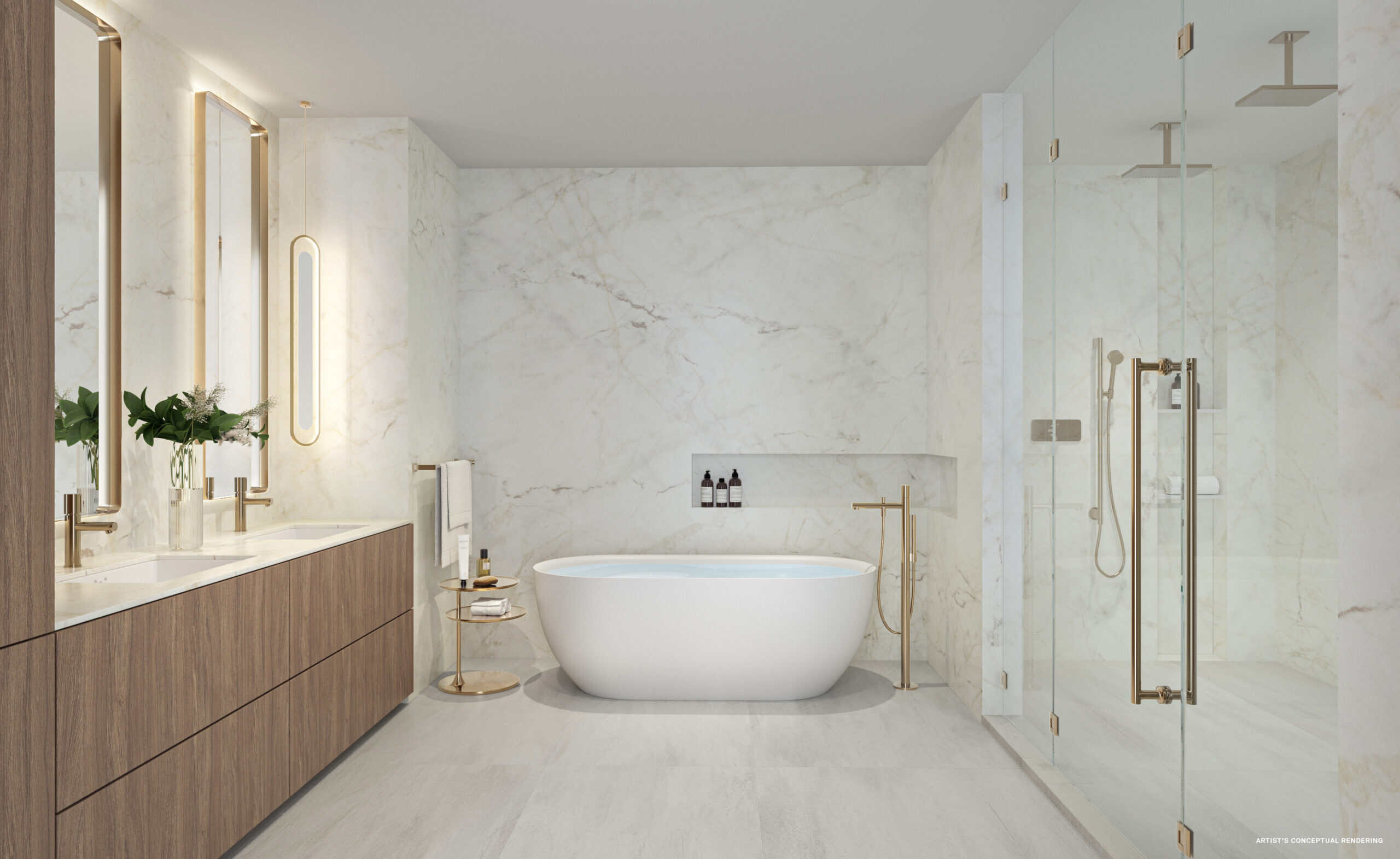 Primary bathroom with soaking tub and Hansgrohe fixtures at Andare Residences