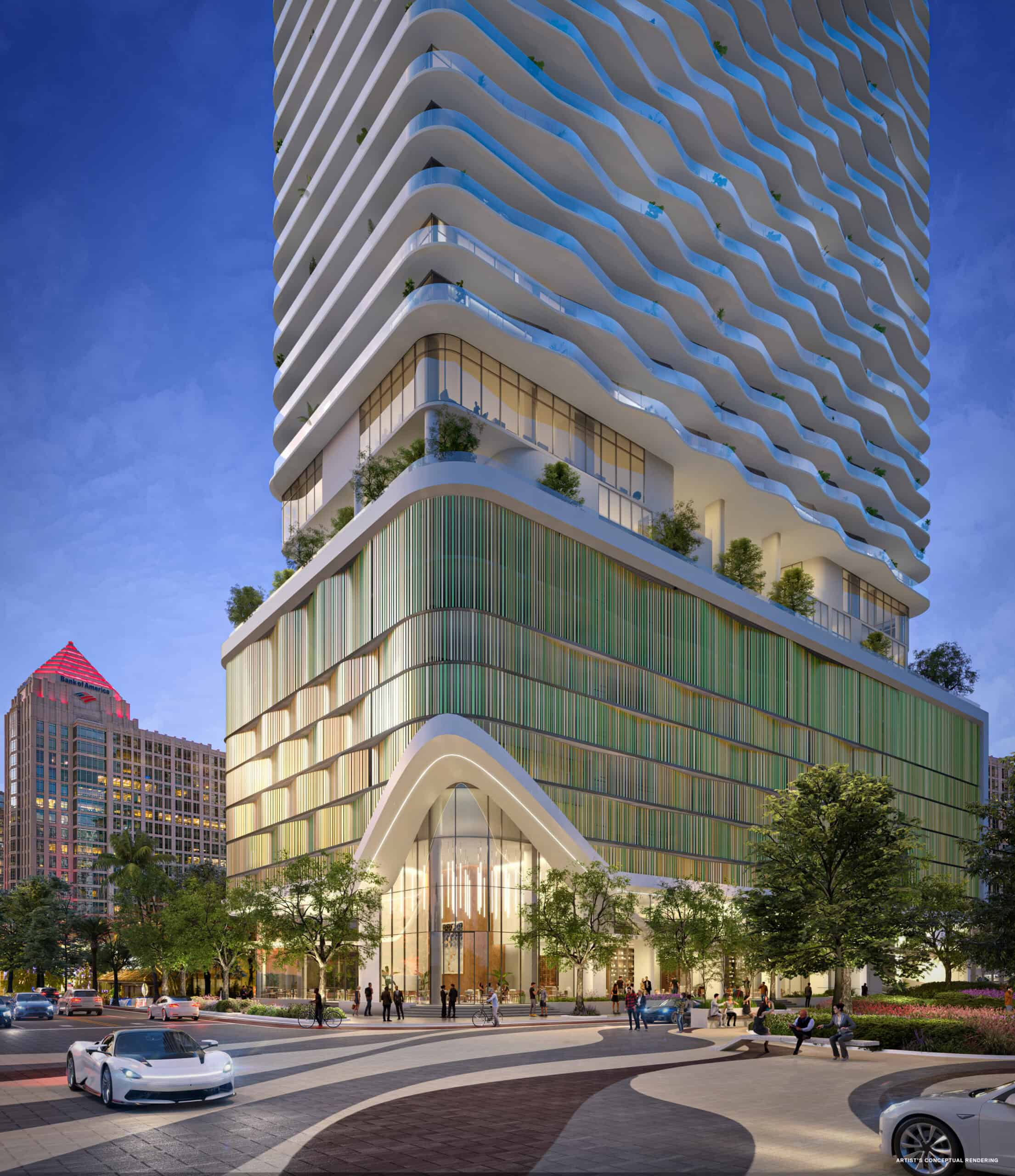 Andare Residences tower rising above 521 East Las Olas Boulevard in downtown Fort Lauderdale
