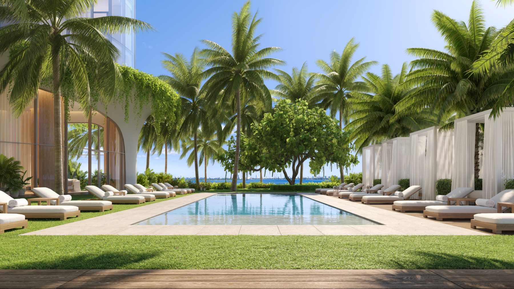 Rendering of the cabana-lined bayfront pool at EDITION Residences Miami Edgewater