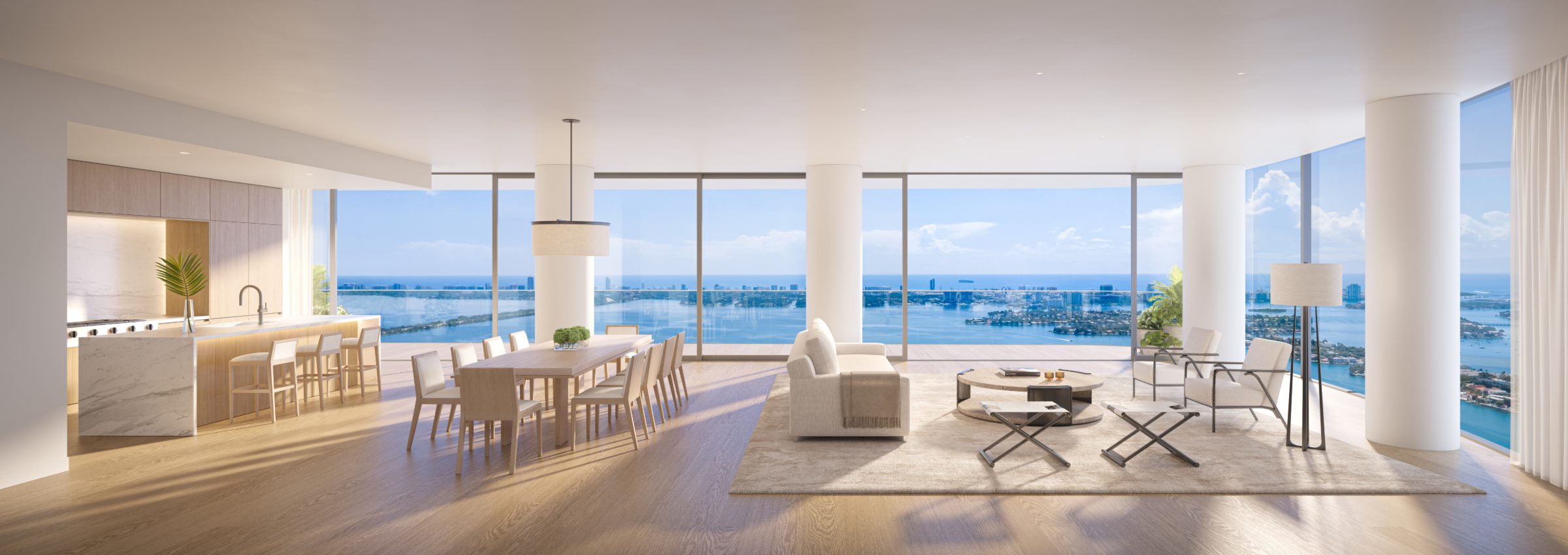 Rendering of a great room at EDITION Residences Miami Edgewater with floor-to-ceiling glass and Biscayne Bay views