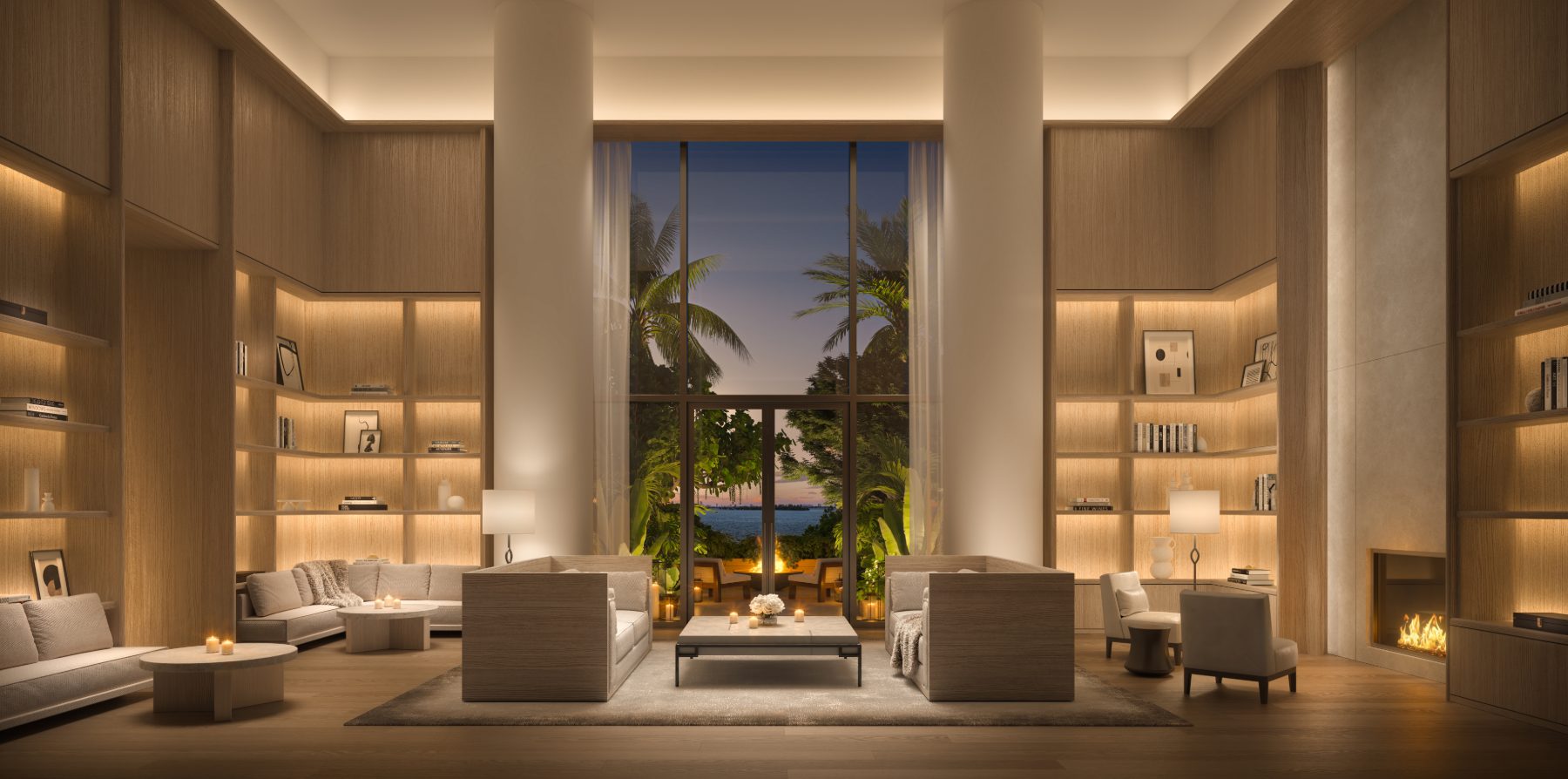 Rendering of the library lounge with fireplace at EDITION Residences Miami Edgewater