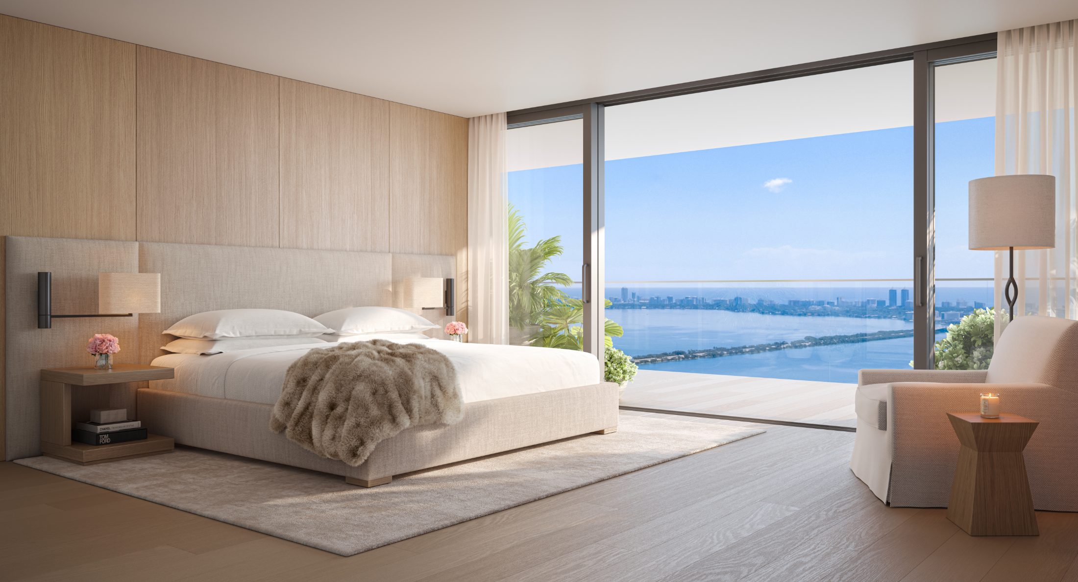 Rendering of an owner's suite bedroom with Biscayne Bay views at EDITION Residences Miami Edgewater