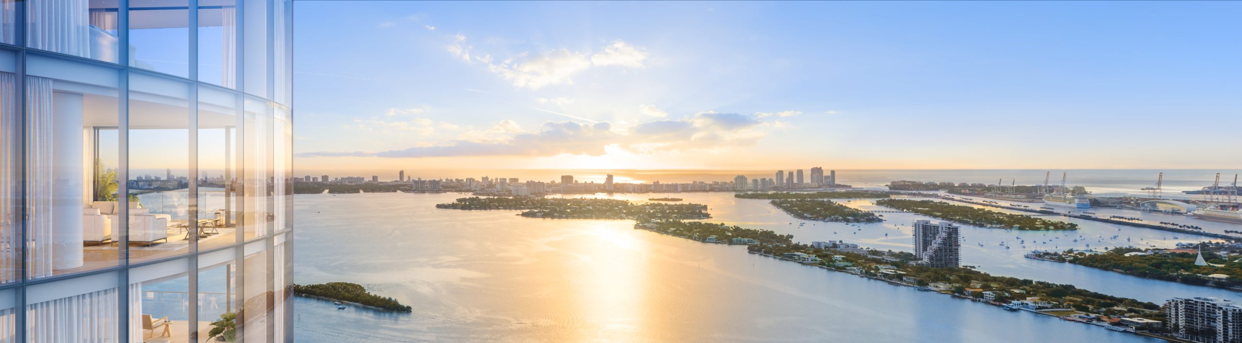 Panoramic rendering of Biscayne Bay and Miami Beach views from EDITION Residences Miami Edgewater