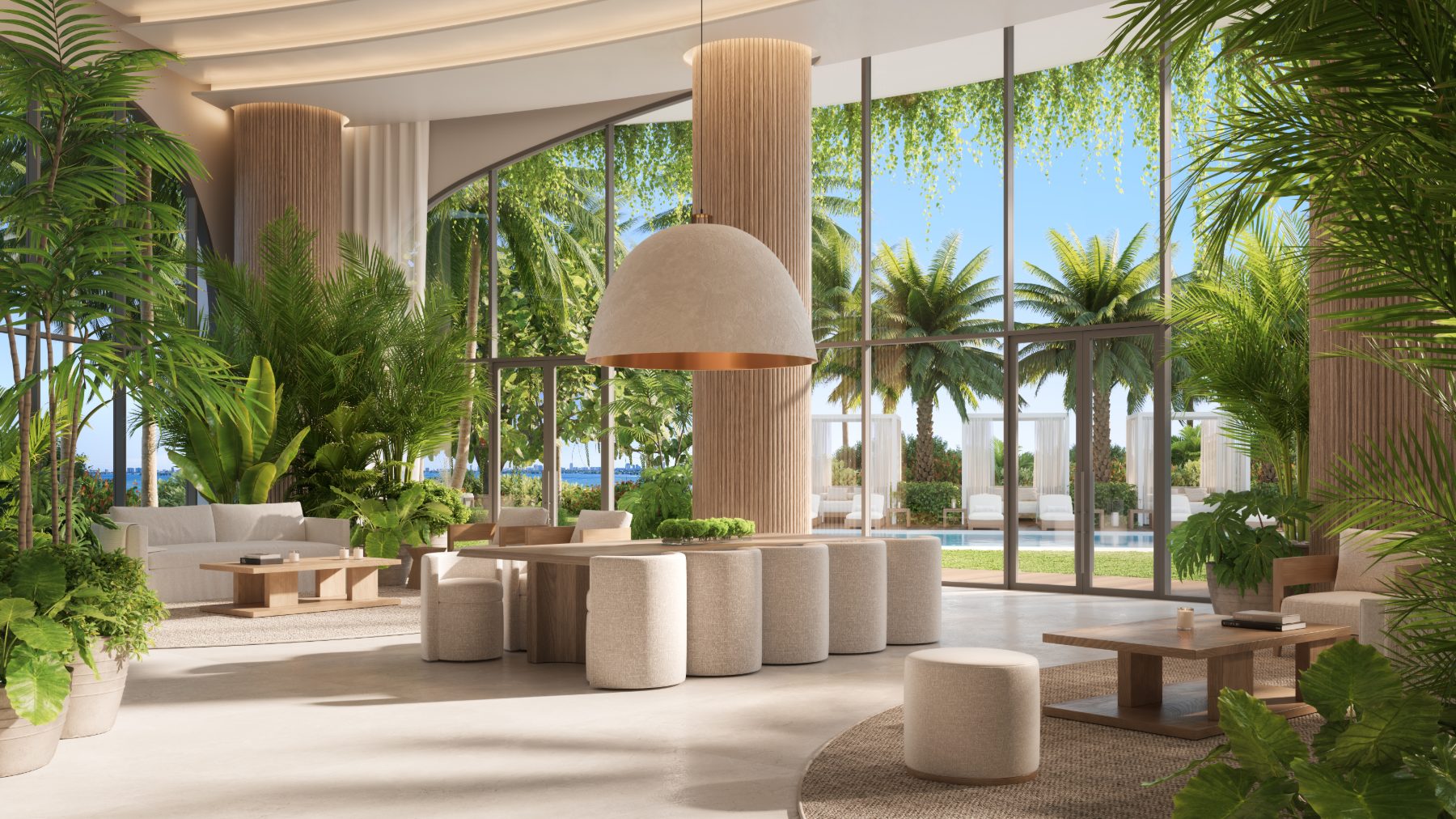 Rendering of the poolside lounge and bar at EDITION Residences Miami Edgewater