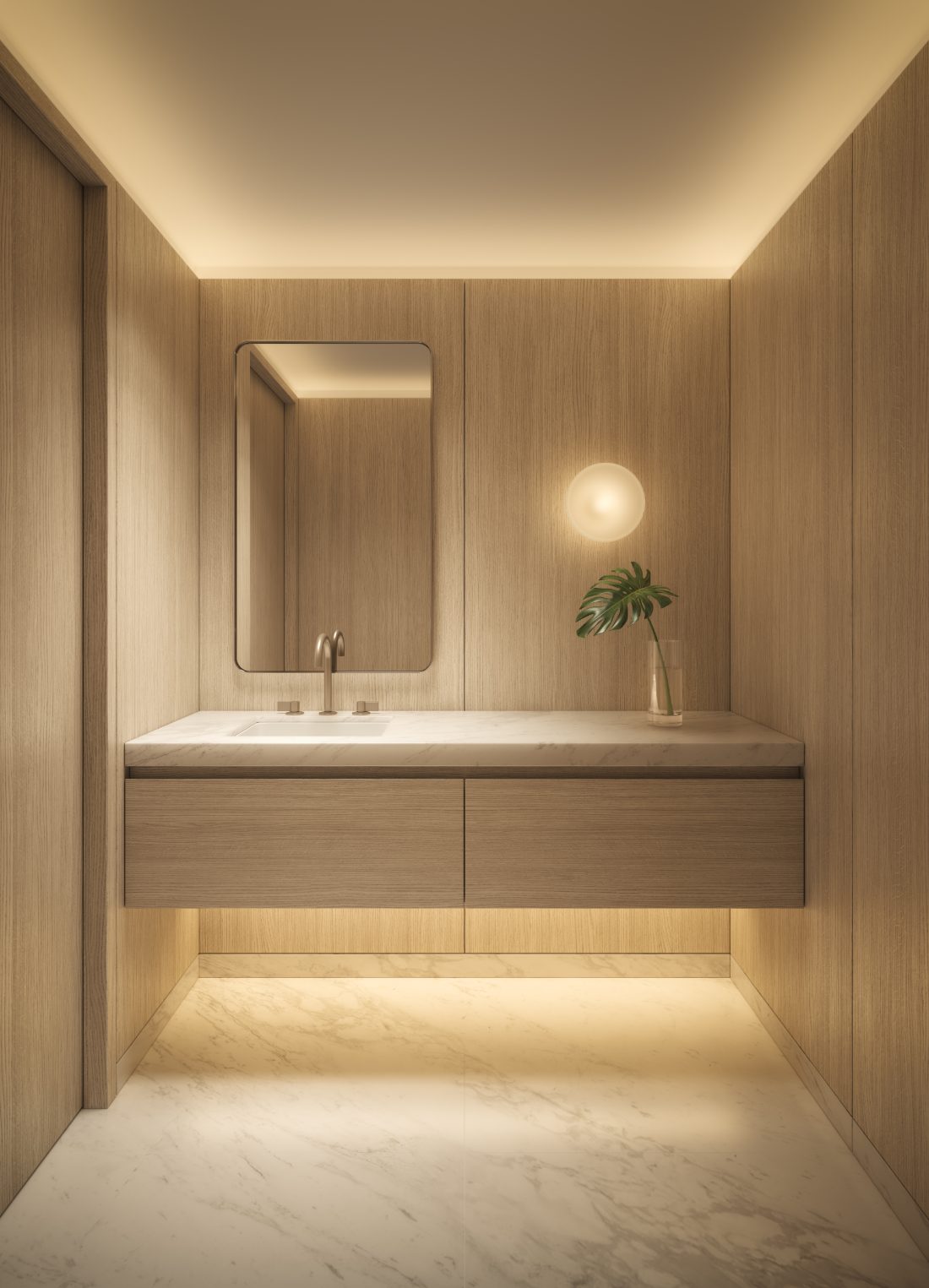 Rendering of a powder room with white oak paneling and a stone vanity at EDITION Residences Miami Edgewater